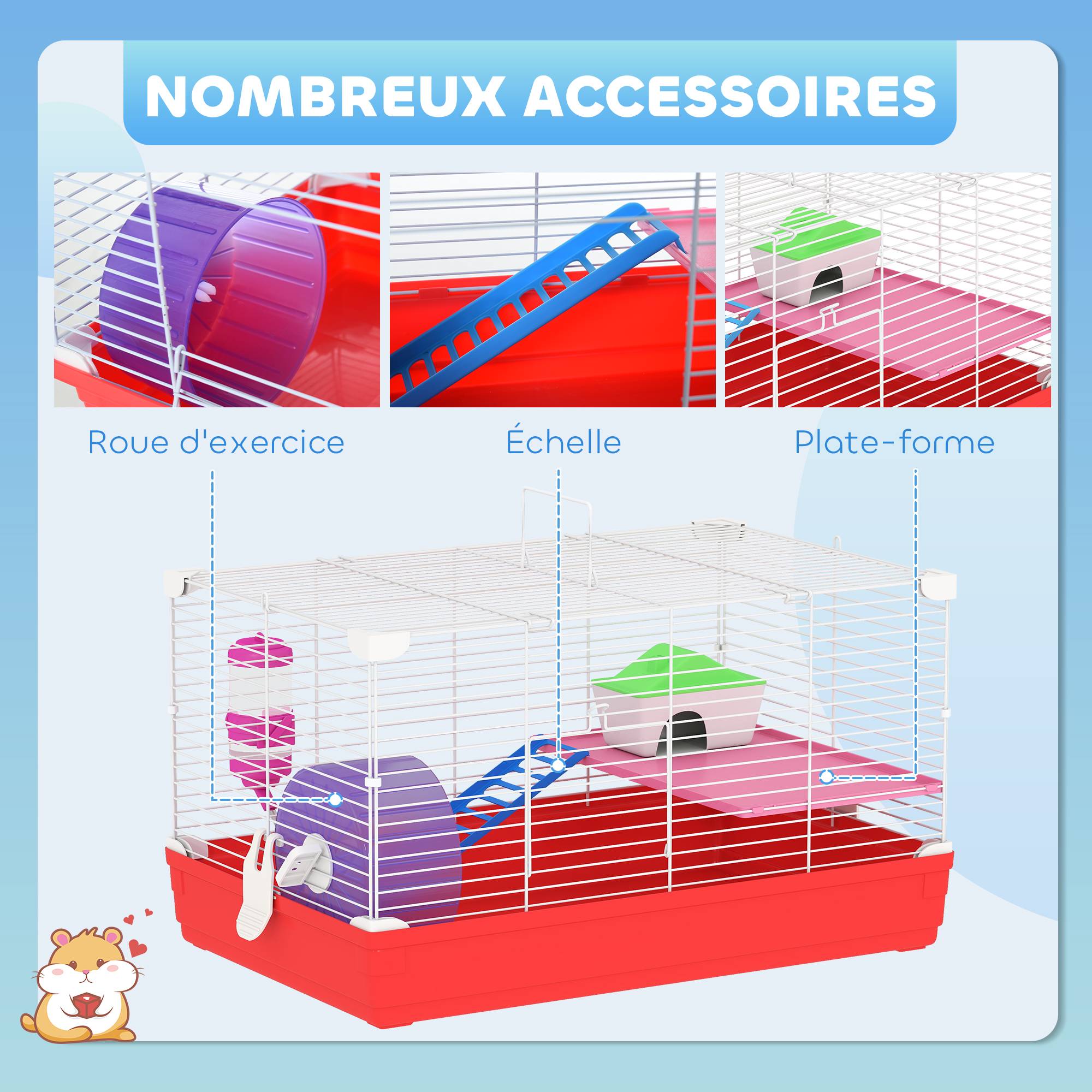 Cage hamster rongeur 2 niveaux, base amovible nettoyage facile, cabane, roue, 47x30x27cm, blanc - Image 8