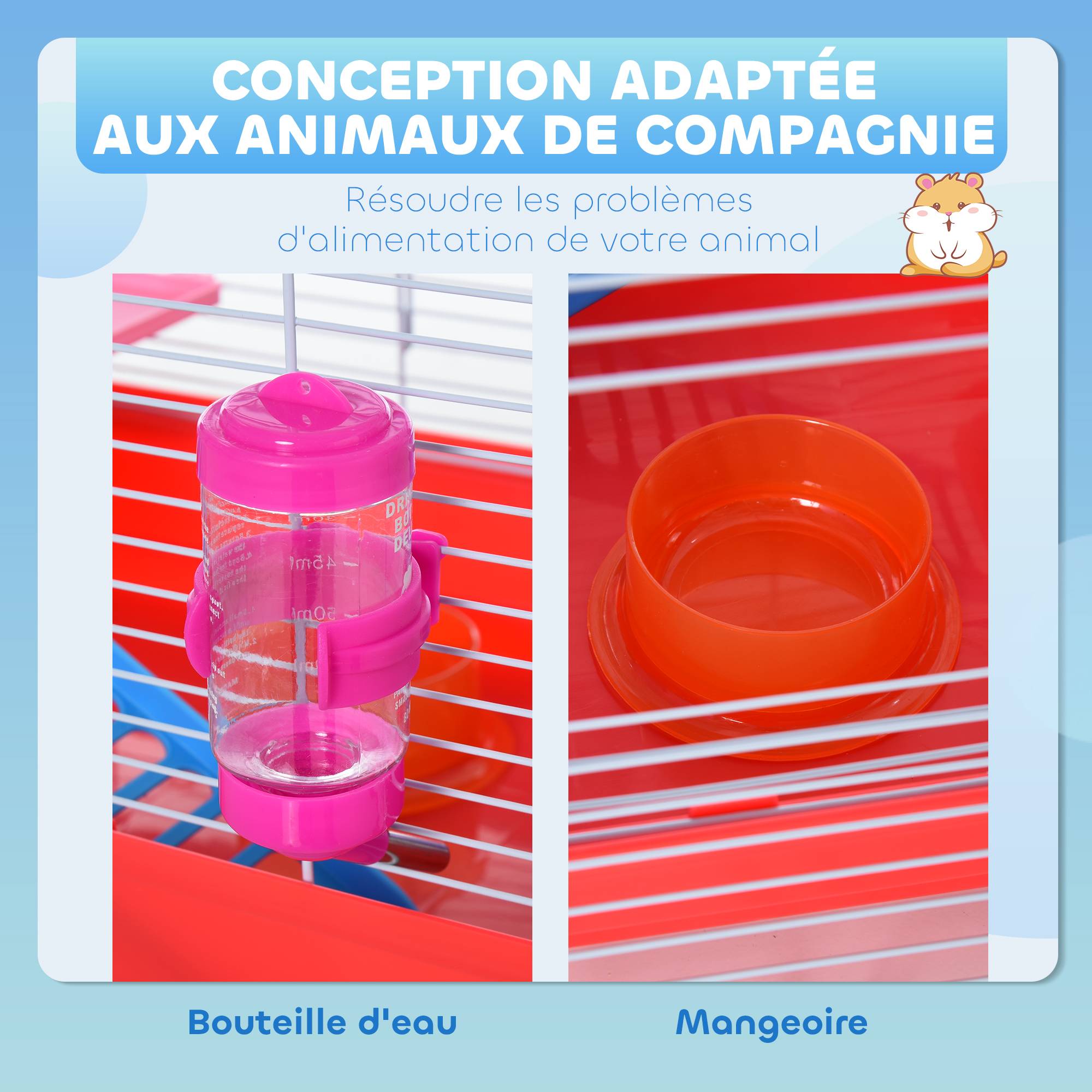 Cage hamster rongeur 2 niveaux, base amovible nettoyage facile, cabane, roue, 47x30x27cm, blanc - Image 6