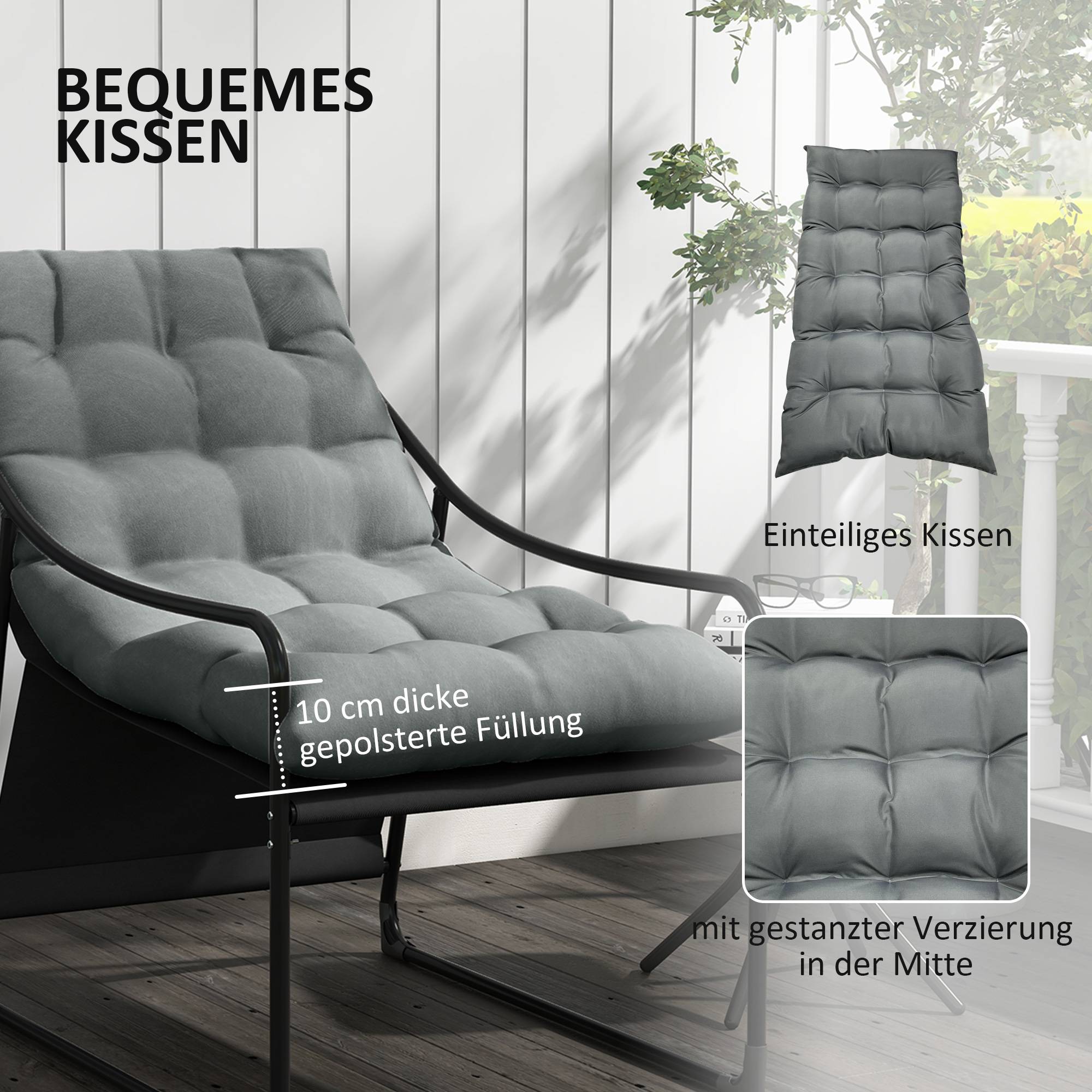 ComfortXL - Fauteuil de jardin relax acier polyester gris 62 x 110 x 88 cm terrasse balcon coussins épais grand confort - Image 4