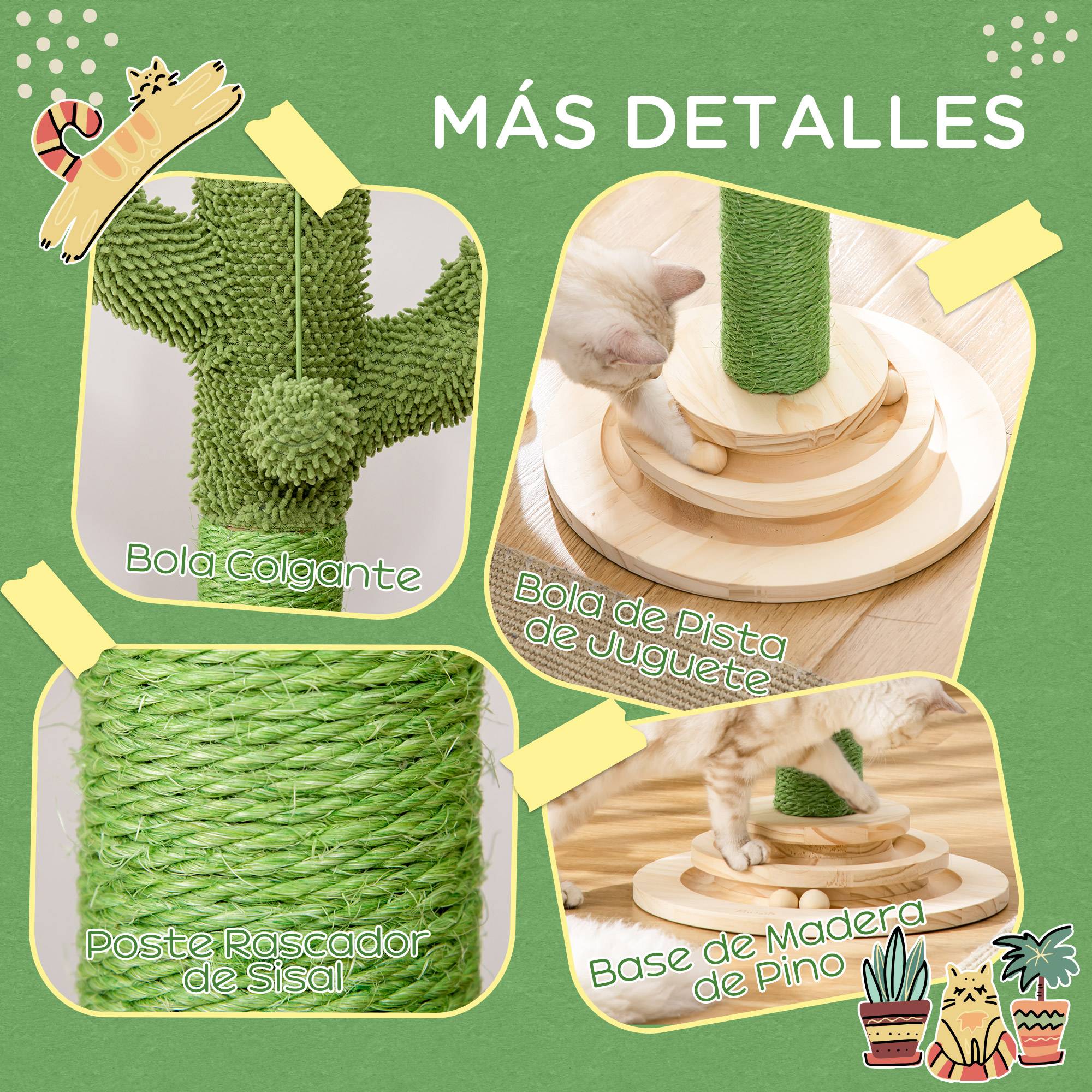 Arbre à chat en forme de cactus, petit modèle avec poteau en sisal, balle suspendue en peluche et base en bois, 32 x 32 x 60 cm, vert - Image 7