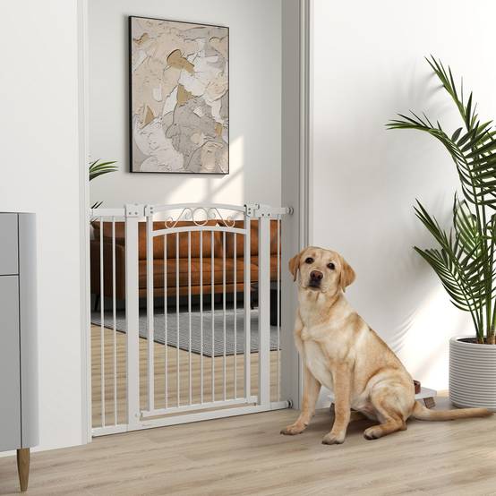Barrière pour chien à largeur réglable (76-104 cm), avec 2 extensions et double système de verrouillage, blanche. - Image 3