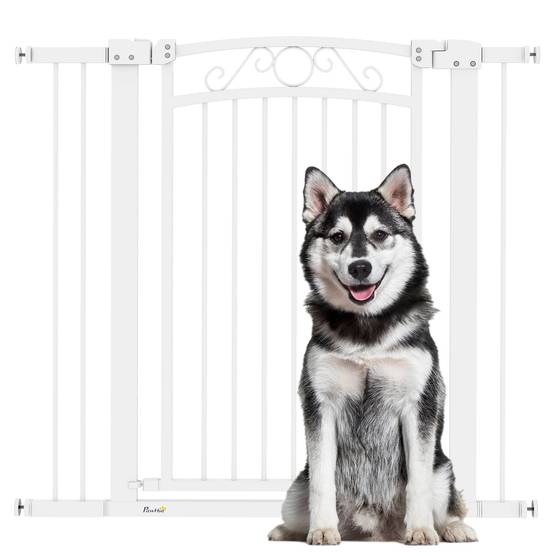 Barrière pour chien à largeur réglable (76-104 cm), avec 2 extensions et double système de verrouillage, blanche. - Image 1