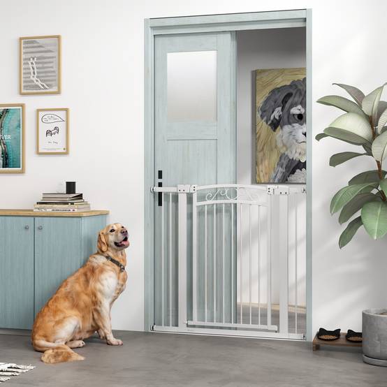 Barrière pour chien à largeur réglable (76-104 cm), avec 2 extensions et double système de verrouillage, blanche. - Image 4