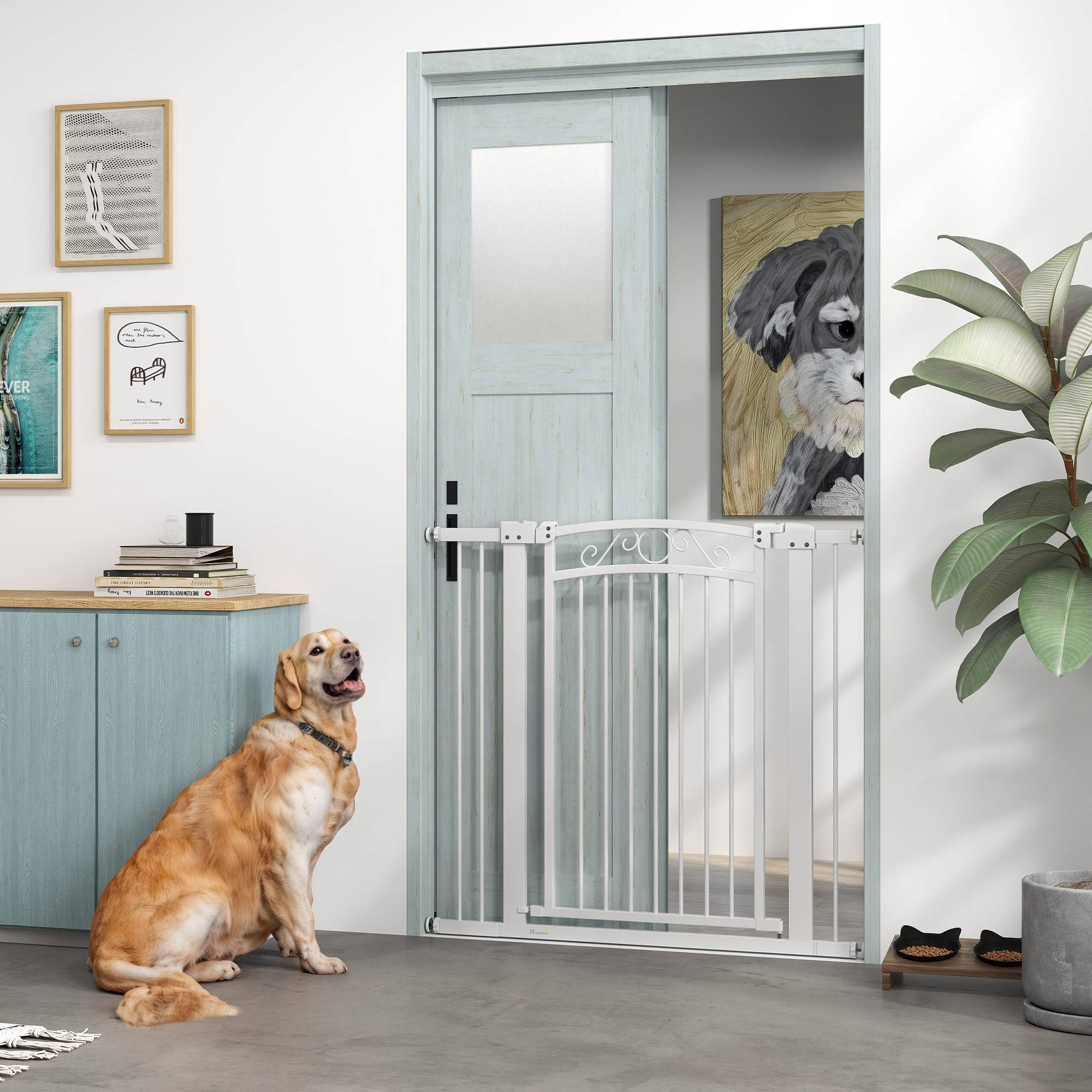 Barrière pour chien à largeur réglable (76-104 cm), avec 2 extensions et double système de verrouillage, blanche. - Image 4