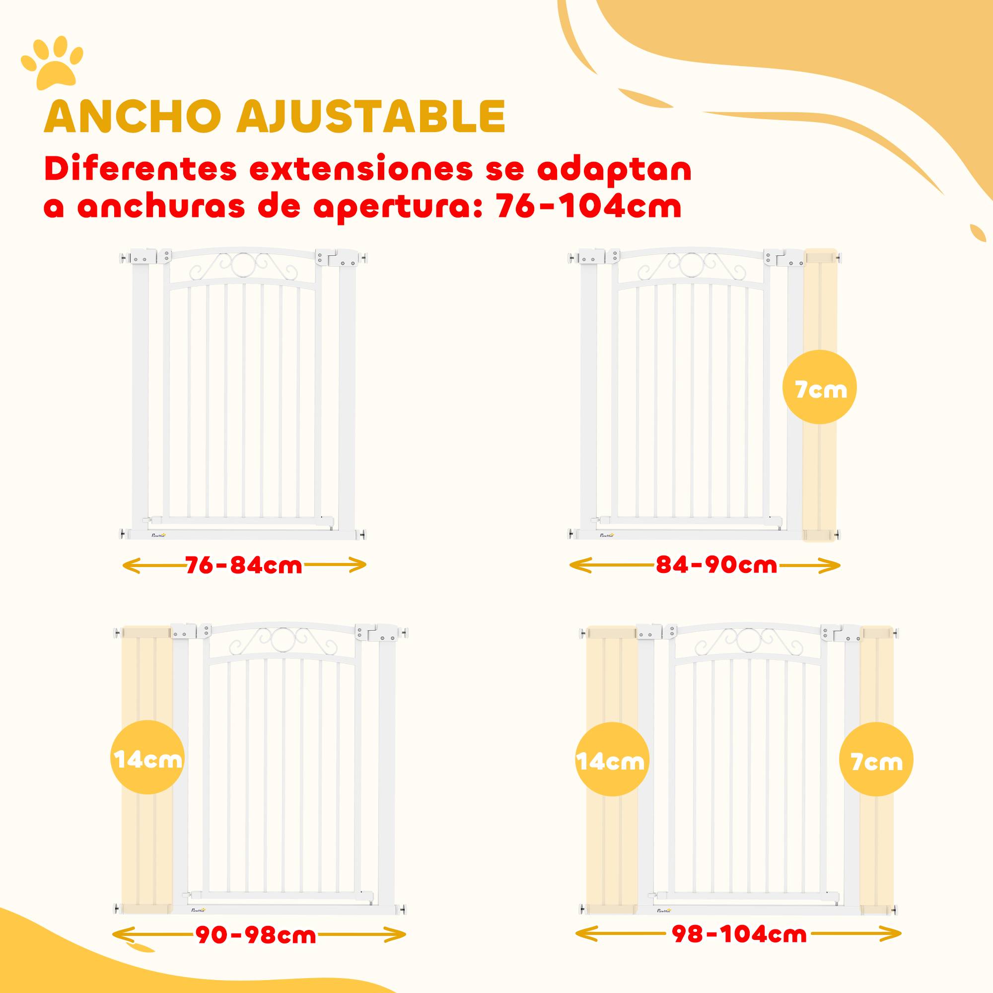 Barrière pour chien à largeur réglable (76-104 cm), avec 2 extensions et double système de verrouillage, blanche. - Image 7