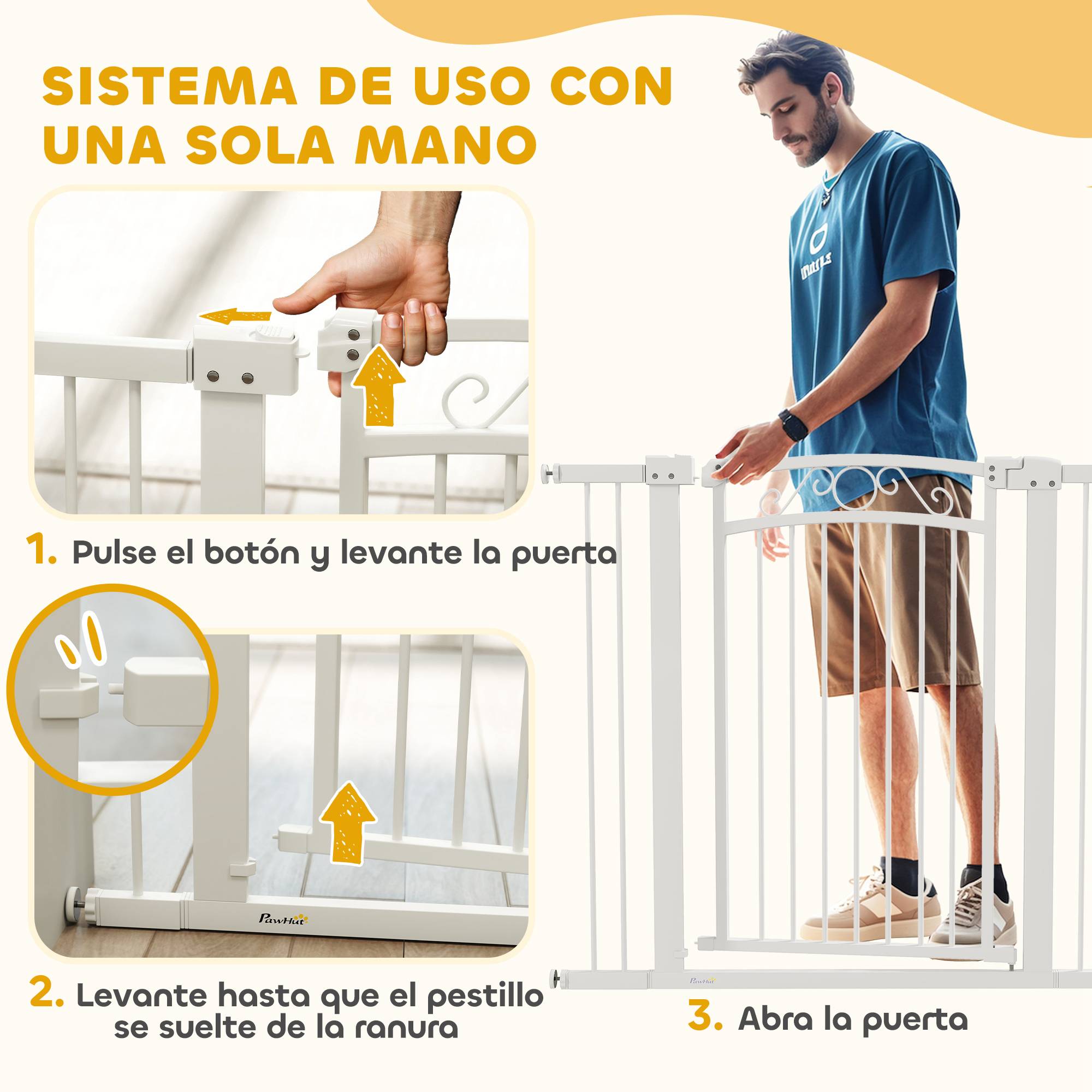 Barrière pour chien à largeur réglable (76-104 cm), avec 2 extensions et double système de verrouillage, blanche. - Image 9