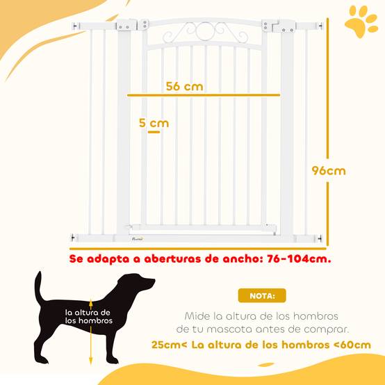 Barrière pour chien à largeur réglable (76-104 cm), avec 2 extensions et double système de verrouillage, blanche. - Image 5