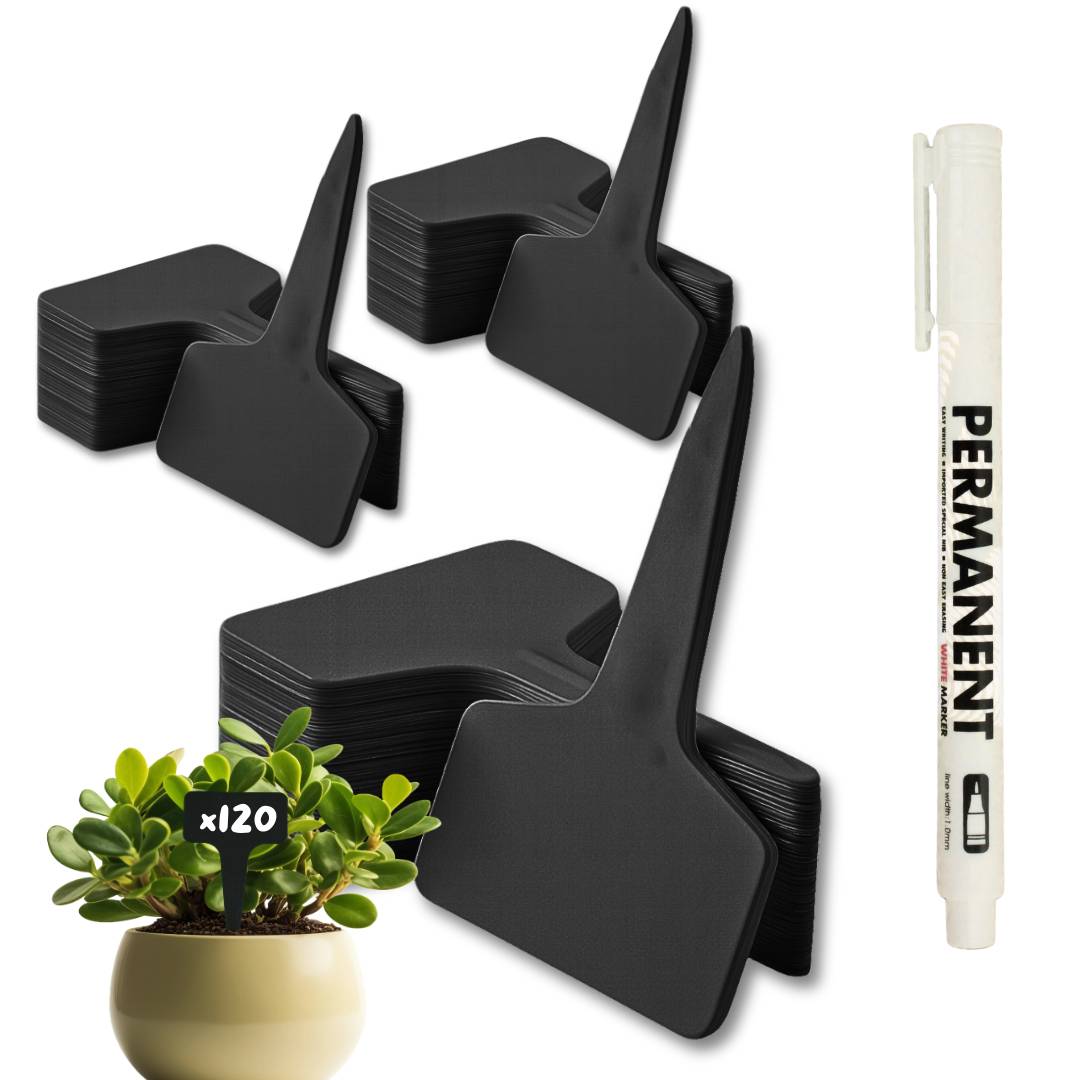 Cultivea - 120 Étiquettes Jardin à Planter en Plastique + Marqueur | Étiquettes Potager Extérieur Waterproof | Forme T à Piquer