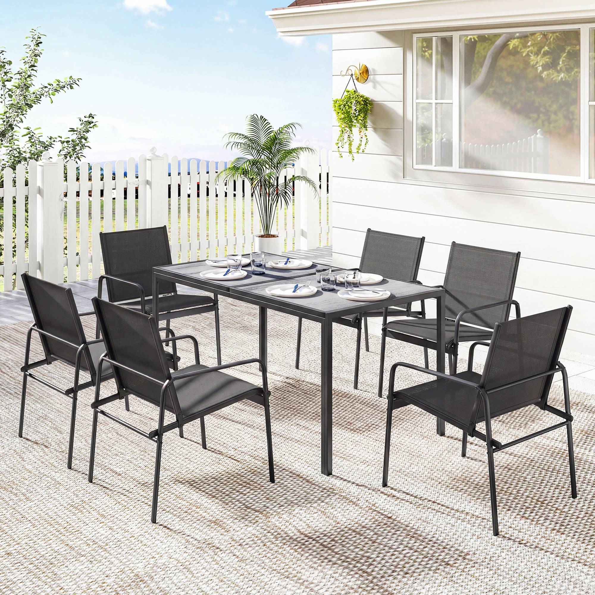 ComfortXL - Salon jardin 7 pièces acier terrasse plateau effet bois 150cm noir - ComfortXL Outdoor Living - Image 4