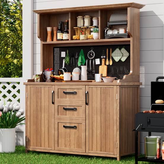 Armoire de jardin bois massif pour terrasse rangement avec tiroirs 134x185cm Naturel - ComfortXL Outdoor Living - Image 9
