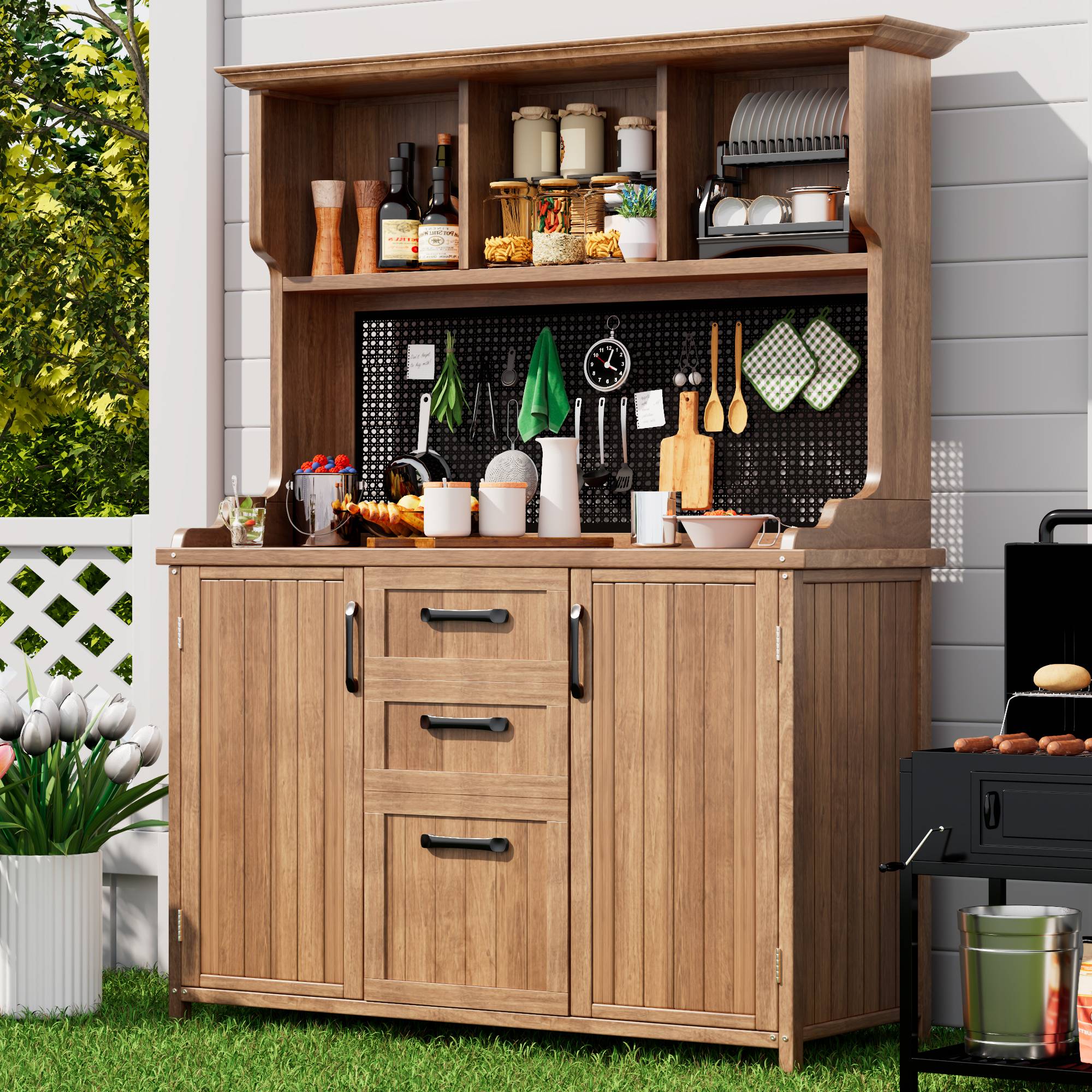 Armoire de jardin bois massif pour terrasse rangement avec tiroirs 134x185cm Naturel - ComfortXL Outdoor Living - Image 9