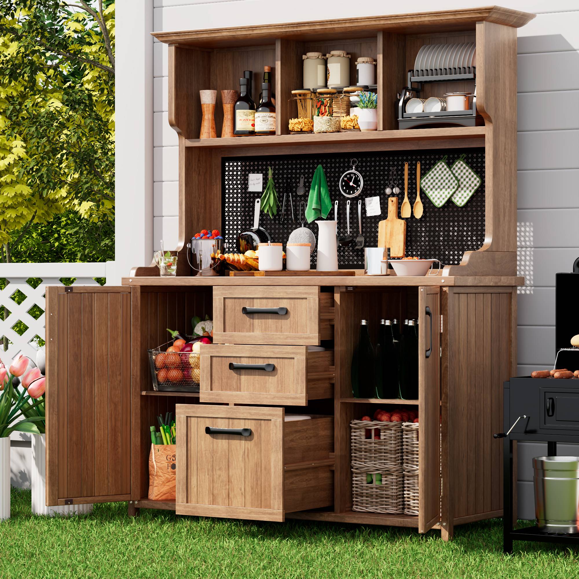 Armoire de jardin bois massif pour terrasse rangement avec tiroirs 134x185cm Naturel - ComfortXL Outdoor Living - Image 1