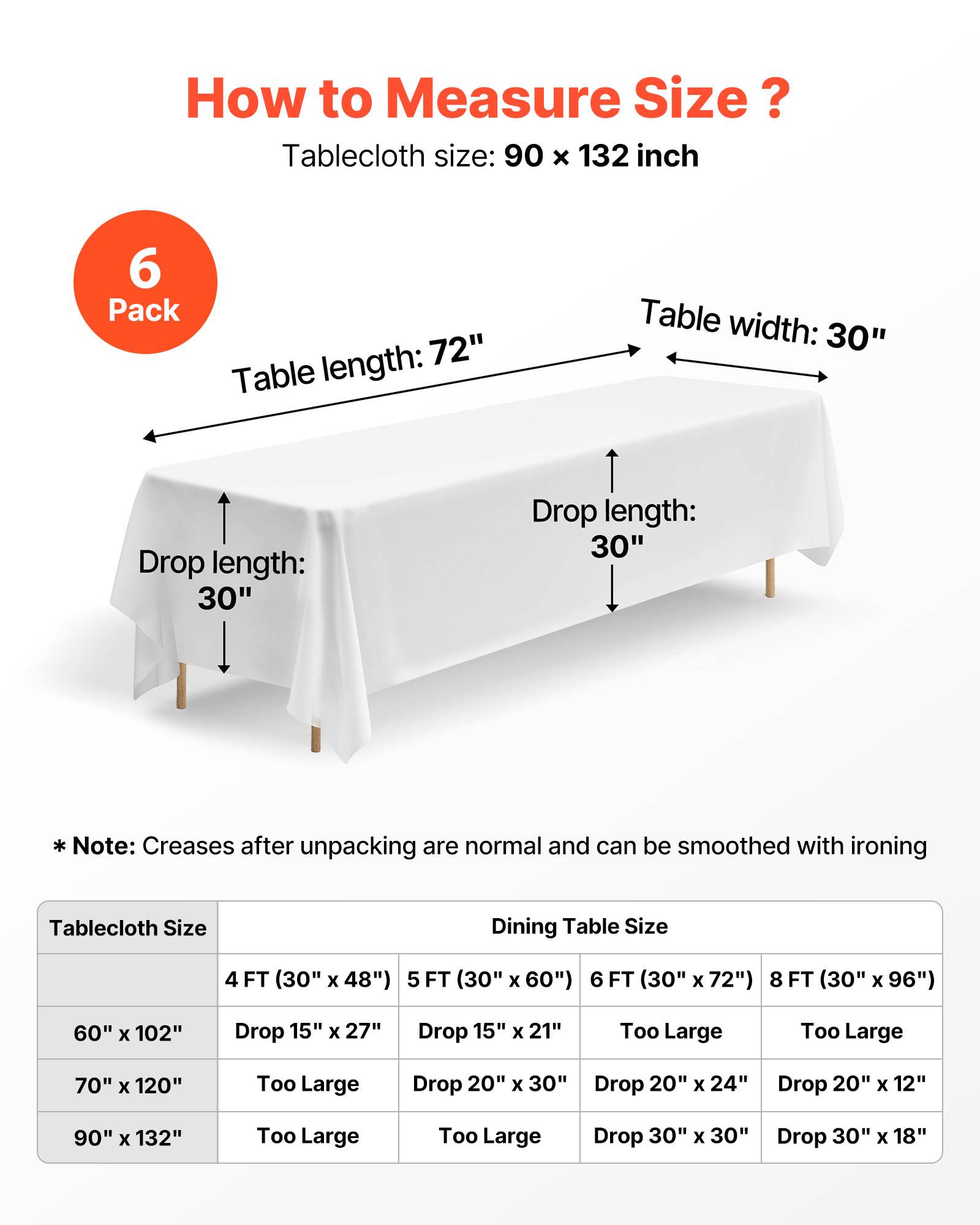 Vevor - VEVOR Nappe rectangulaire blanche en polyester 2286 x 3353 mm 6 pcs pour mariage - Image 5