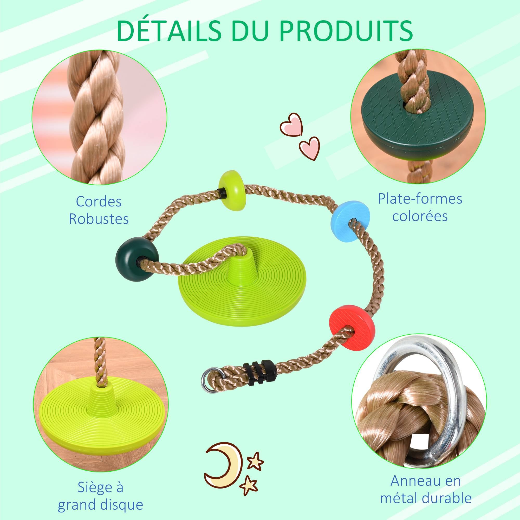 Homcom - Corde d'escalade avec siège de balançoire rond 2 m pour enfant - usage intérieur/extérieur - charge max. 100 Kg - PP rouge bleu vert - HOMCOM - Image 4