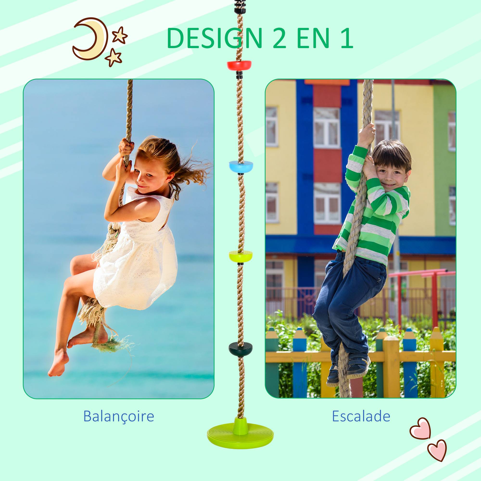 Homcom - Corde d'escalade avec siège de balançoire rond 2 m pour enfant - usage intérieur/extérieur - charge max. 100 Kg - PP rouge bleu vert - HOMCOM - Image 5