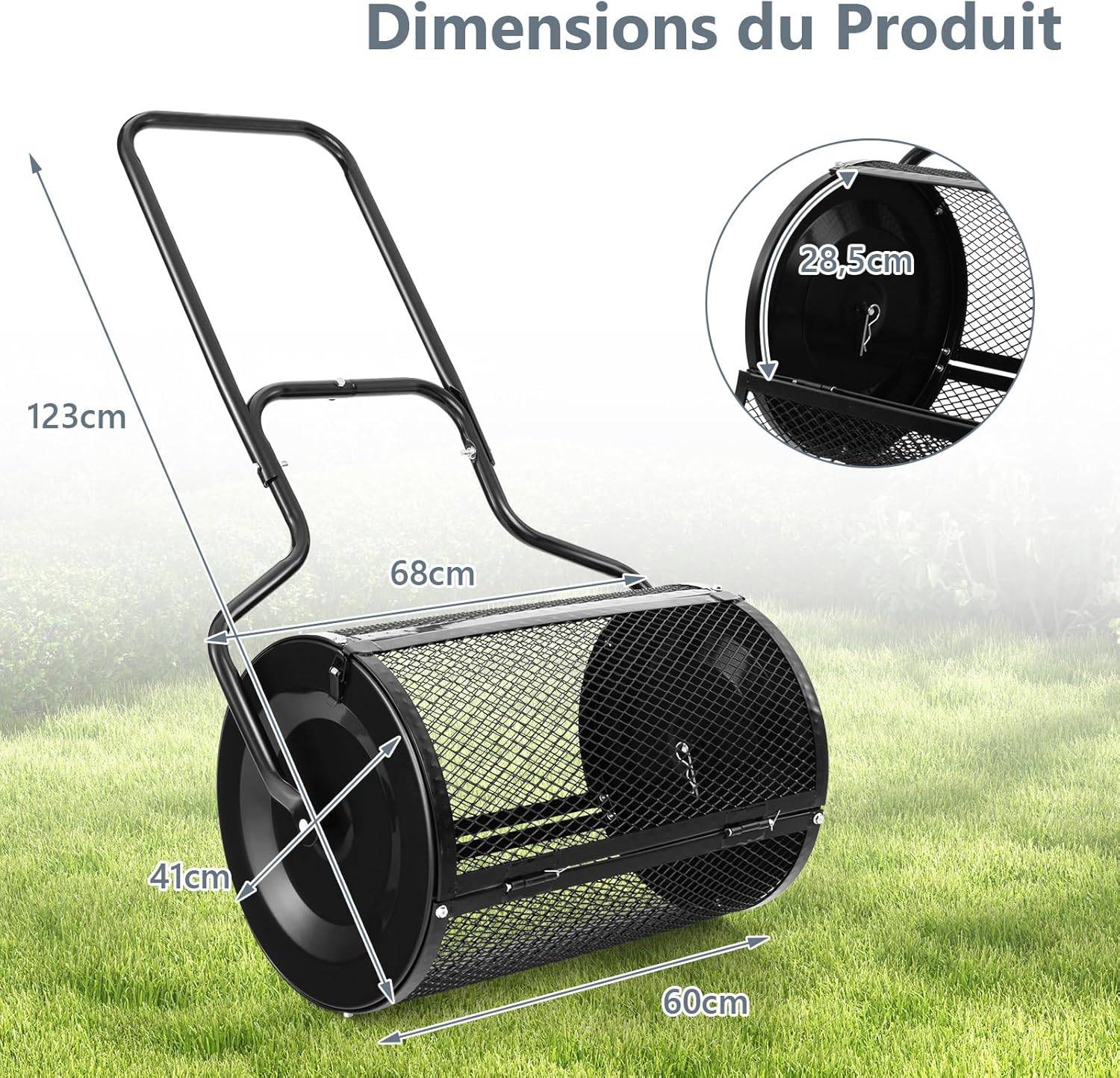 COSTWAY Épandeur à Compost de 60 cm Rouleau en Treillis Métallique, Épandeur de Gazon avec Poignée en Forme de ‘U’ Loquets Latéraux, Noir - Image 5