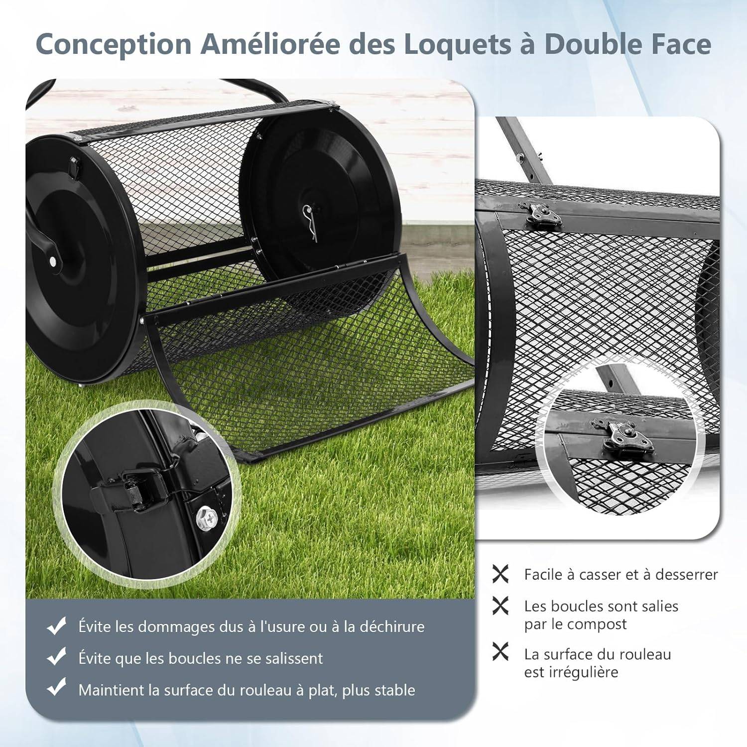 COSTWAY Épandeur à Compost de 60 cm Rouleau en Treillis Métallique, Épandeur de Gazon avec Poignée en Forme de ‘U’ Loquets Latéraux, Noir - Image 6