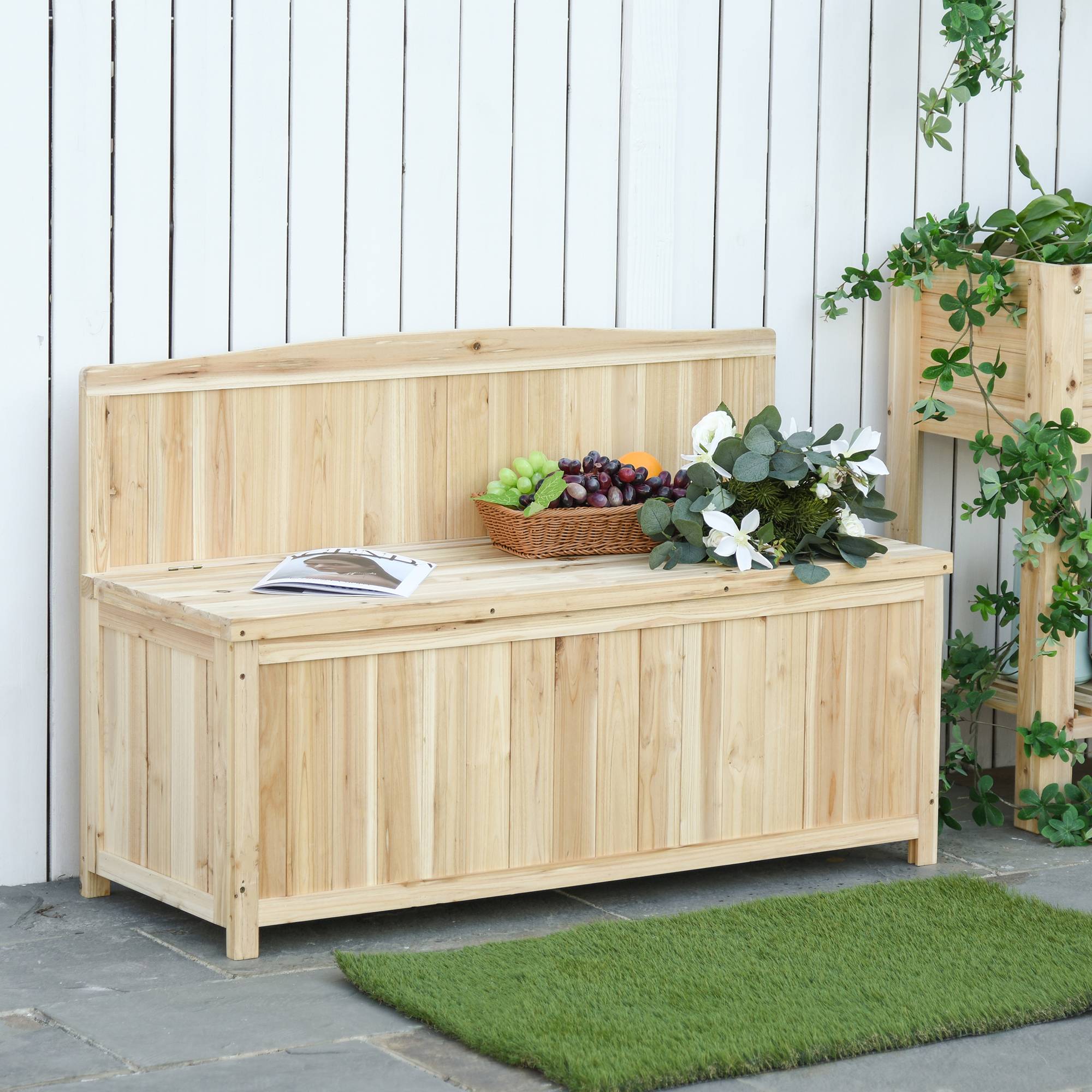 Banc coffre de rangement extérieur bois sapin terrasse double fonction 115x45x75cm naturel - ComfortXL Outdoor Living - Image 3