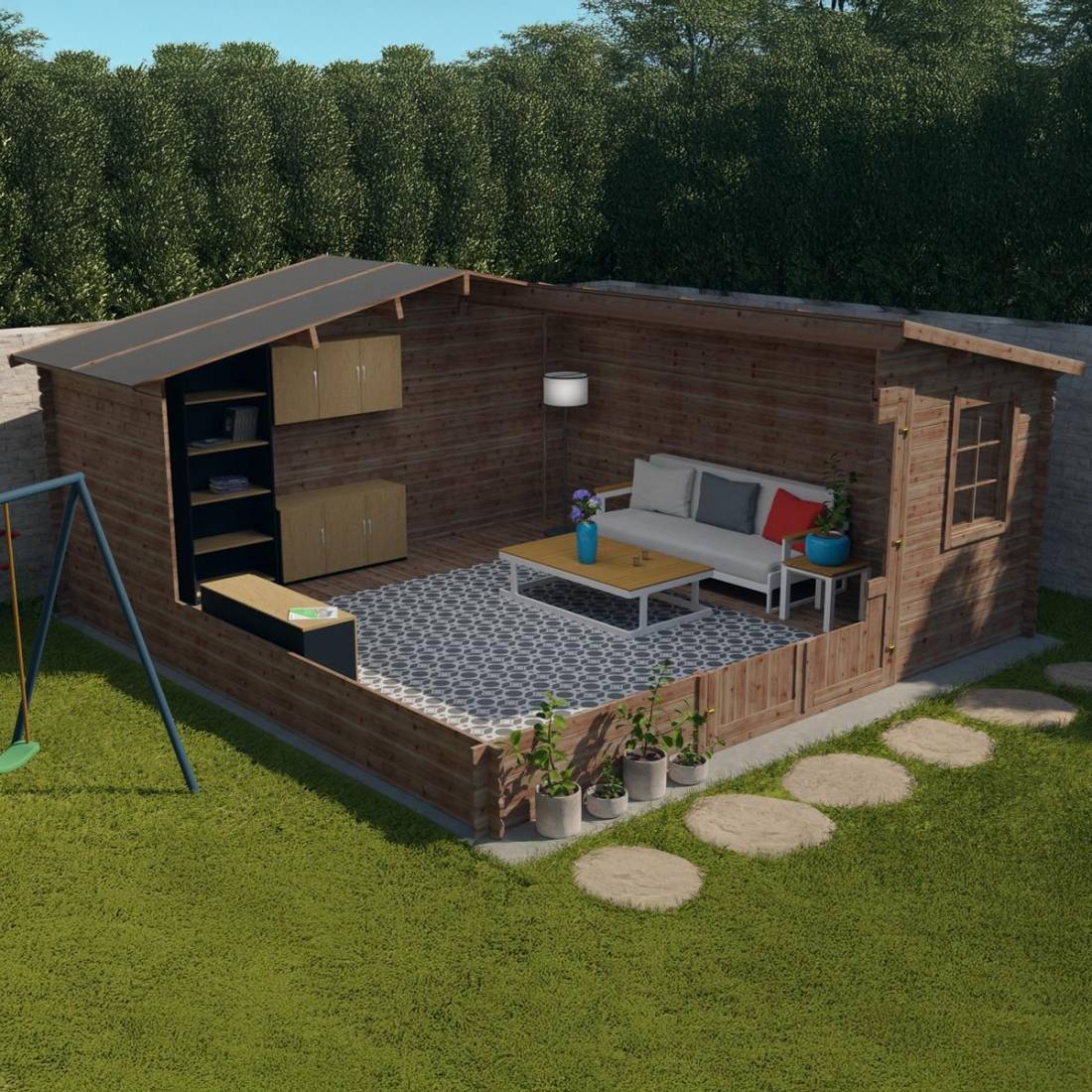 Altanka - Abri de jardin en bois - 25m2 - 5x5m - Traité - Ep. 28mm - Couleur: marron - DOM596 - ALTANKA - Image 7
