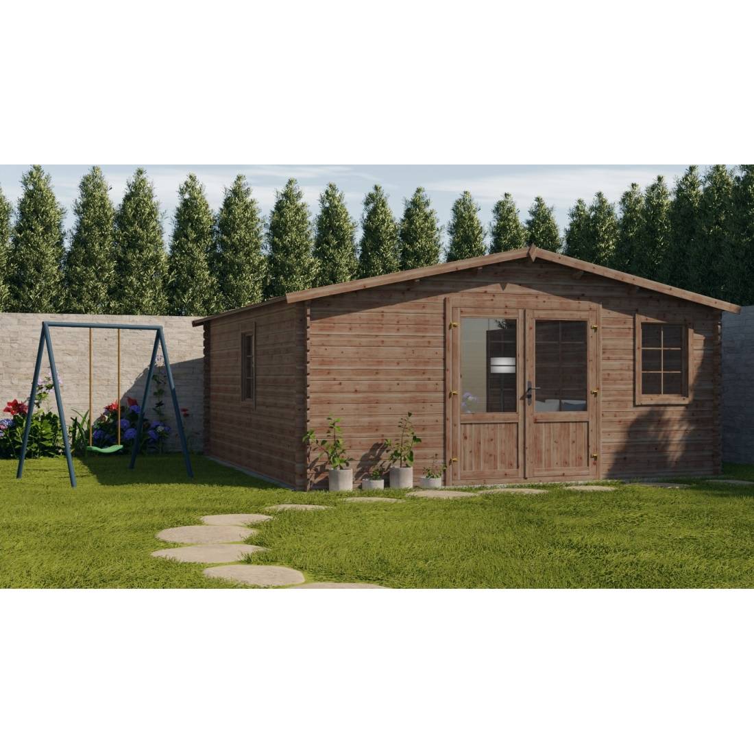 Altanka - Abri de jardin en bois - 25m2 - 5x5m - Traité - Ep. 28mm - Couleur: marron - DOM596 - ALTANKA - Image 5