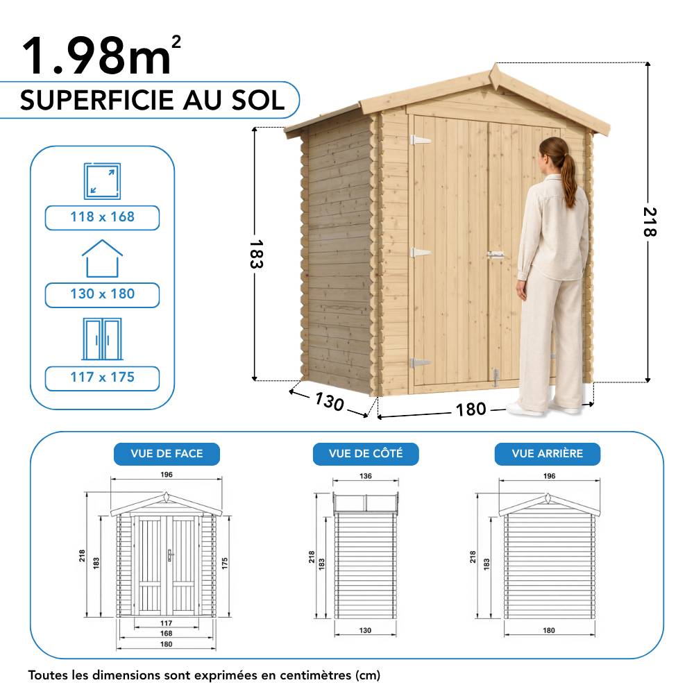 Timbela - Abri de jardin en bois - Stockage extérieur I196xL136xH218 cm/ 1,98 m² - Petit abri à outils, Local à vélos - 19 mm d’épaisseur - Timbela M367C1 - Image 8