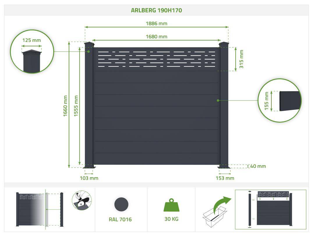Casanoov Lot de 5 kits de clôture aluminium ARLBERG H.170  cm - kits complet 9.5 m - Image 2