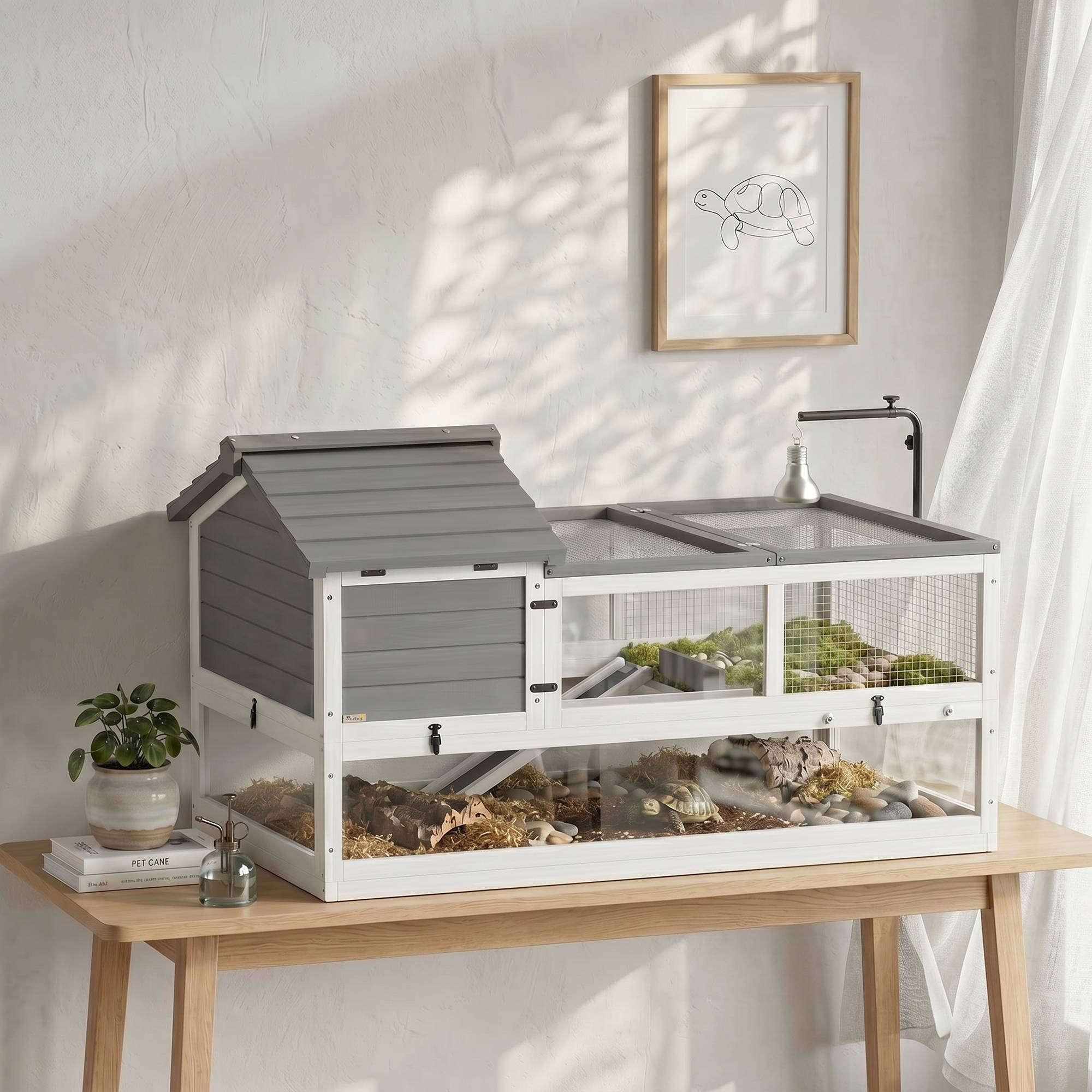 ComfortXL - Enclos tortue bois de sapin gris 116 x 70,5 x 69,5 cm habitat 2 niveaux intérieur extérieur avec terrasse - Image 1