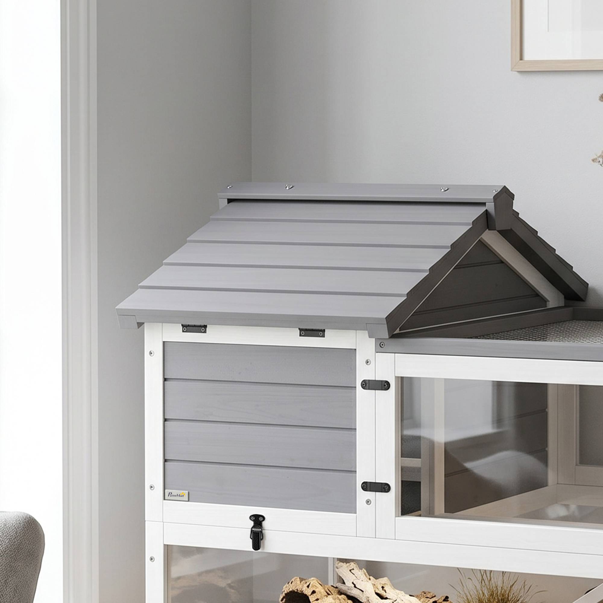 ComfortXL - Enclos tortue bois de sapin gris 116 x 70,5 x 69,5 cm habitat 2 niveaux intérieur extérieur avec terrasse - Image 9