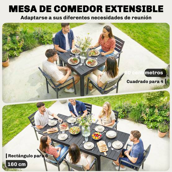 Table à manger extérieure extensible 80/160 cm pour 4-6 personnes, table de jardin rectangulaire terrasse noir - Image 6