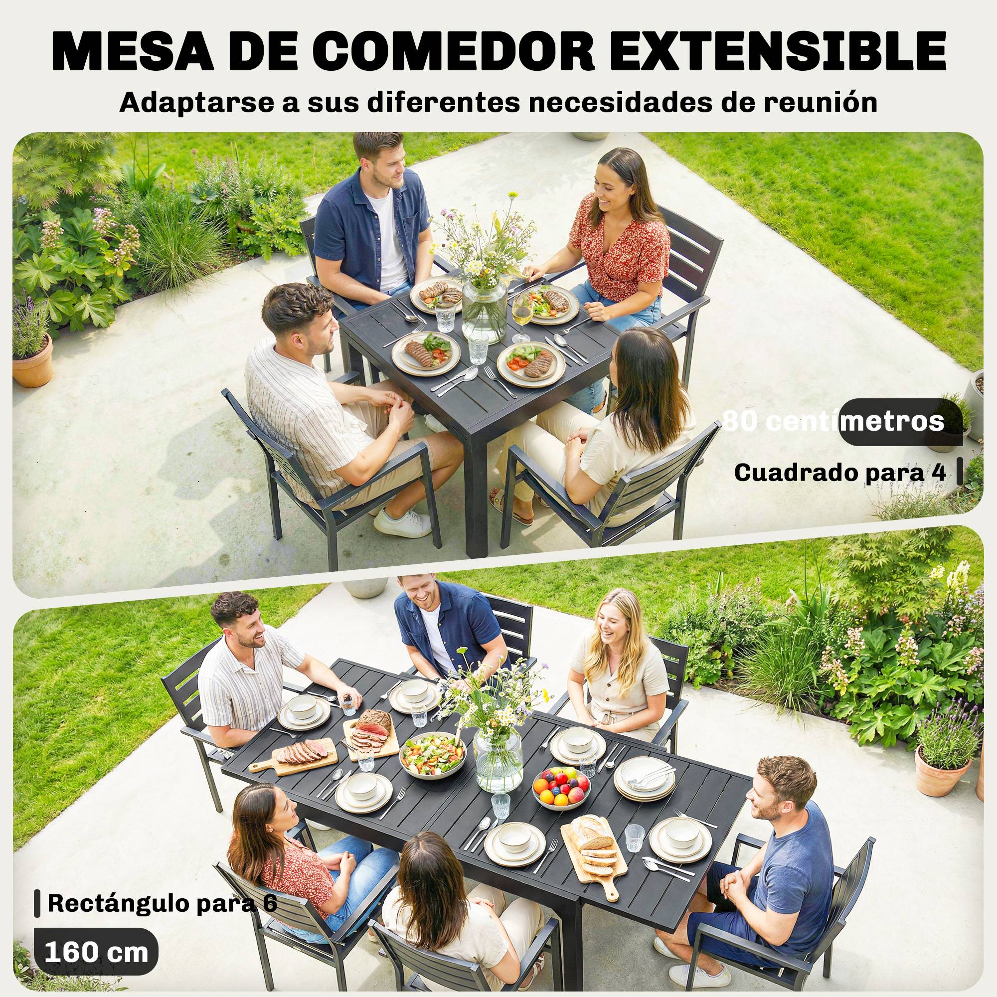 Table à manger extérieure extensible 80/160 cm pour 4-6 personnes, table de jardin rectangulaire terrasse noir - Image 6