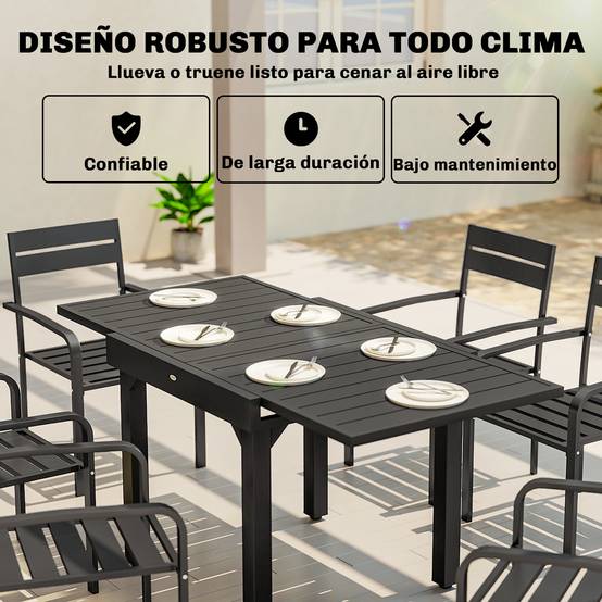 Table à manger extérieure extensible 80/160 cm pour 4-6 personnes, table de jardin rectangulaire terrasse noir - Image 8