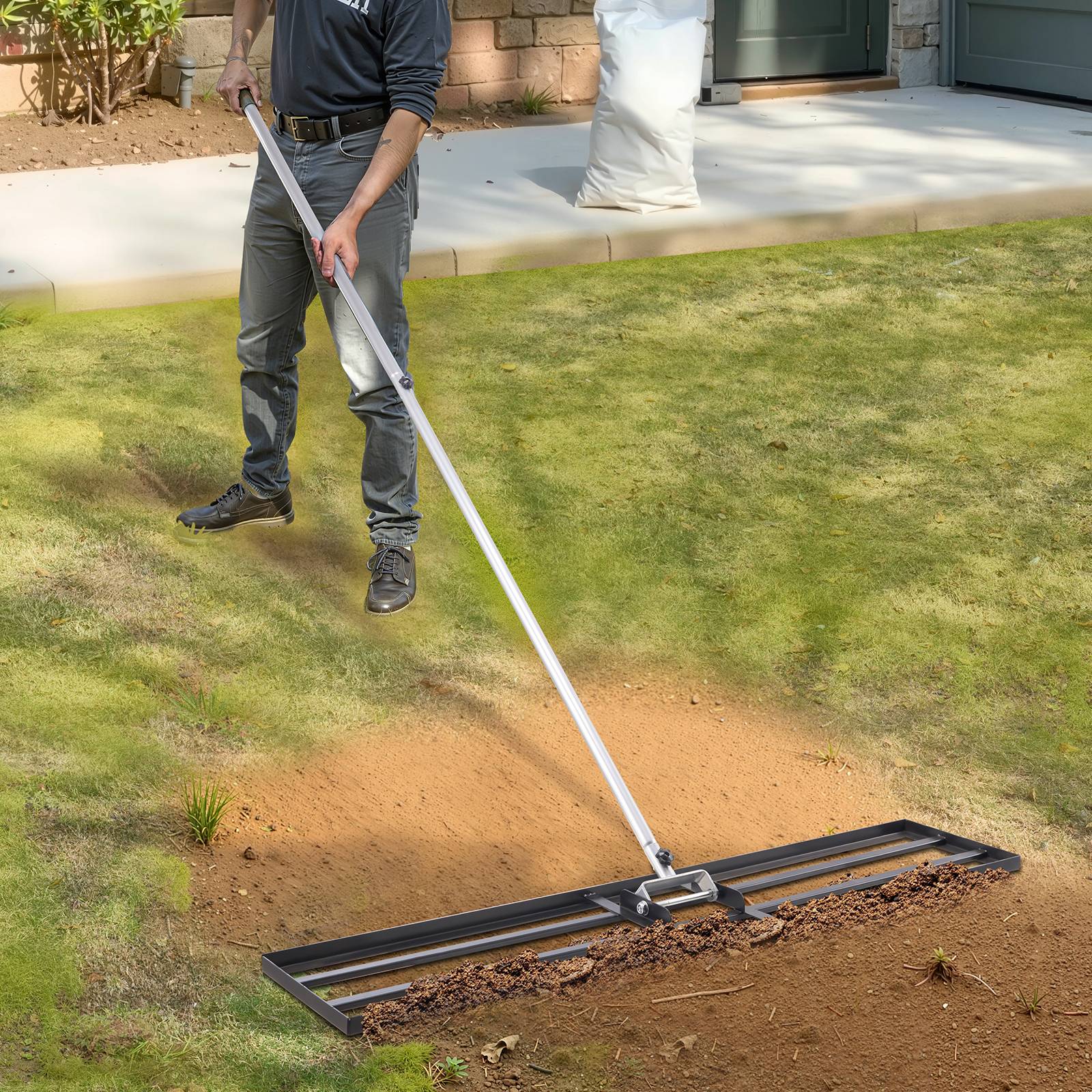 VEVOR Rateau nivellement pelouse, 1219x254x2290 mm, manche 2130 mm. Acier carbone, pour cour, golf, jardin. - Image 8