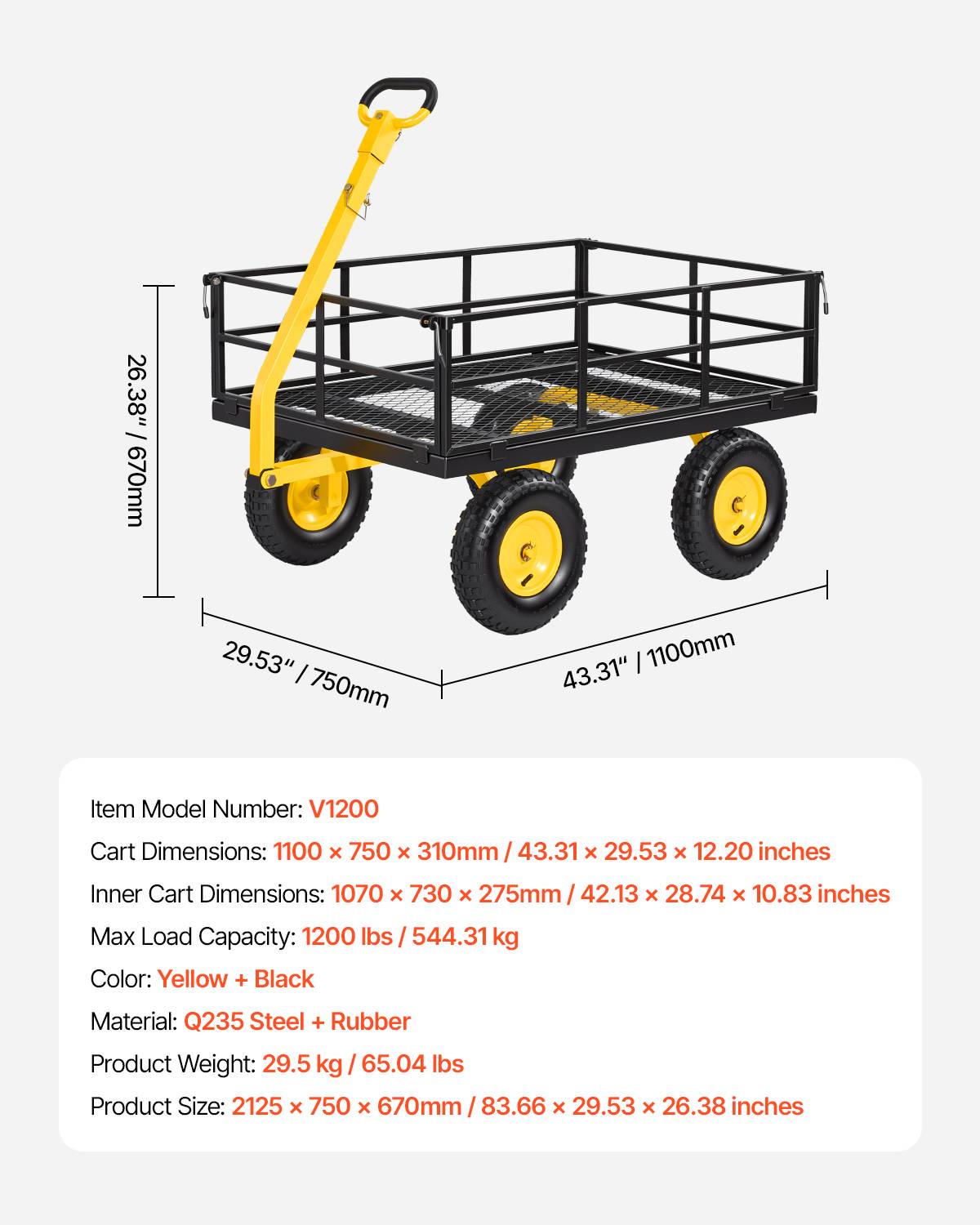 Vevor - VEVOR Chariot jardin acier 544 kg, 3 en 1 plateau/ridelles/remorque, pneus 33 cm tout-terrain, jaune et noir, poignée 180°. - Image 6