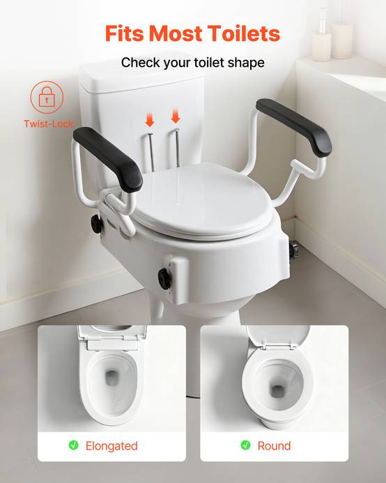 Vevor - VEVOR Rehausseur de toilette réglable 3 niveaux, accoudoirs rembourrés, capacité 136,1 kg, installation sans perçage, couleur blanche. - Image 3