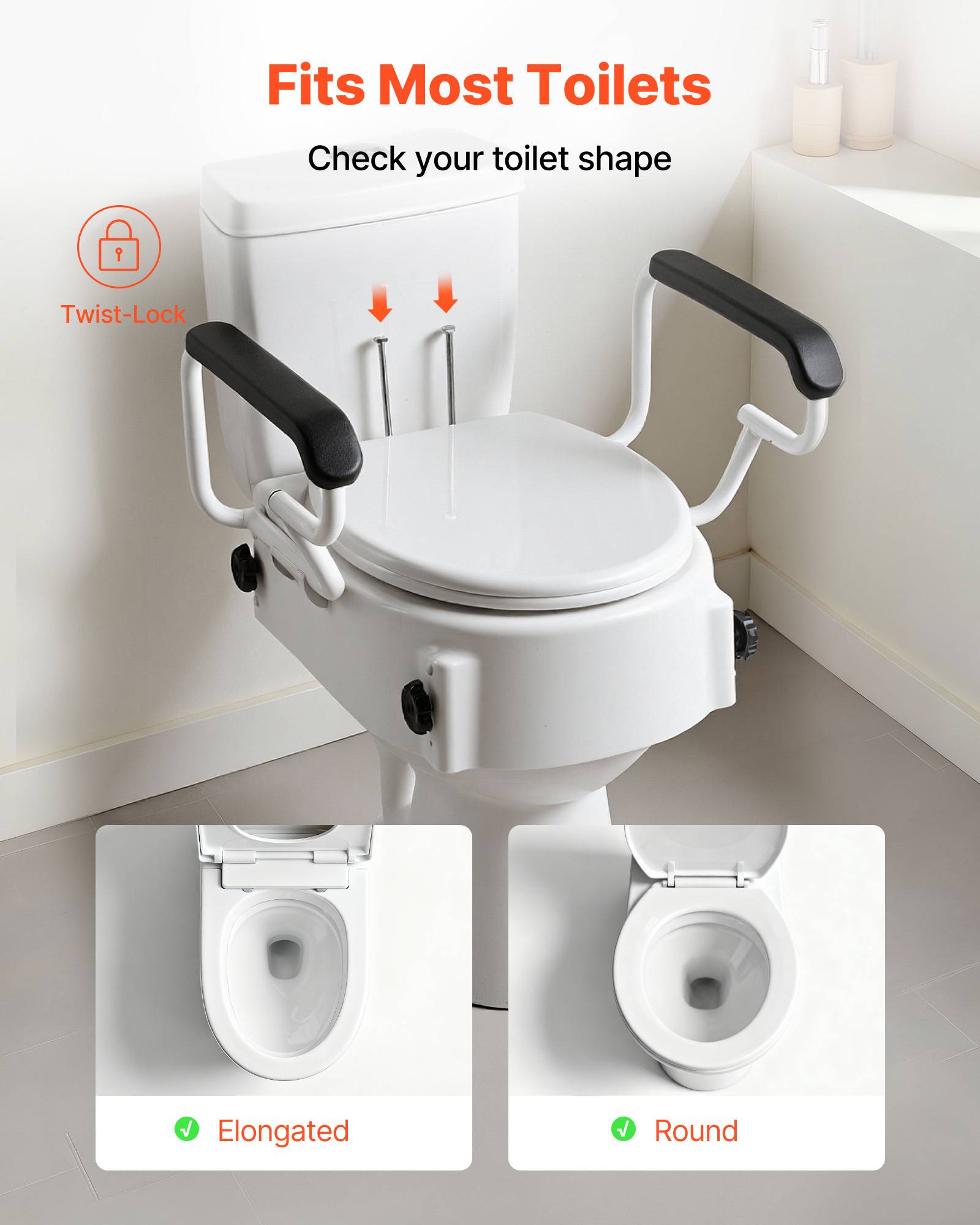Vevor - VEVOR Rehausseur de toilette réglable 3 niveaux, accoudoirs rembourrés, capacité 136,1 kg, installation sans perçage, couleur blanche. - Image 3
