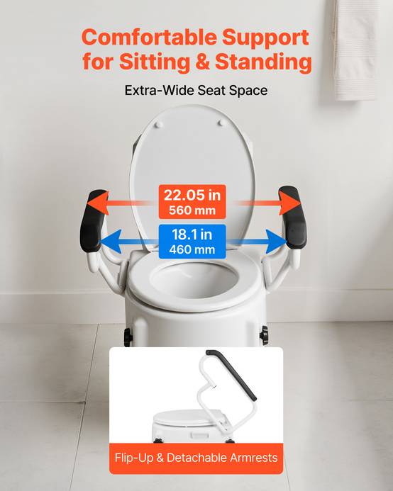Vevor - VEVOR Rehausseur de toilette réglable 3 niveaux, accoudoirs rembourrés, capacité 136,1 kg, installation sans perçage, couleur blanche. - Image 7