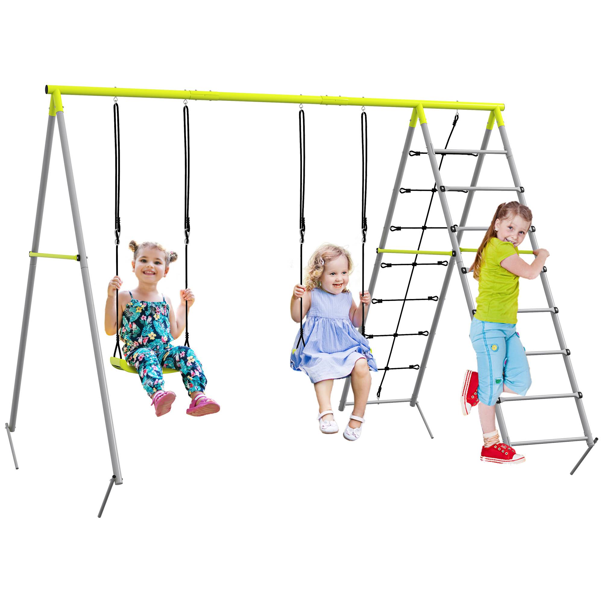 4 en 1 balançoire portique pour enfant avec 2 siège de balançoire échelle grimpeuse et filet d'escalade - Image 1