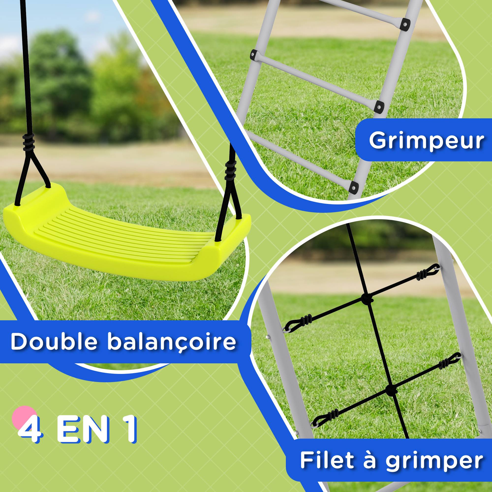 4 en 1 balançoire portique pour enfant avec 2 siège de balançoire échelle grimpeuse et filet d'escalade - Image 7