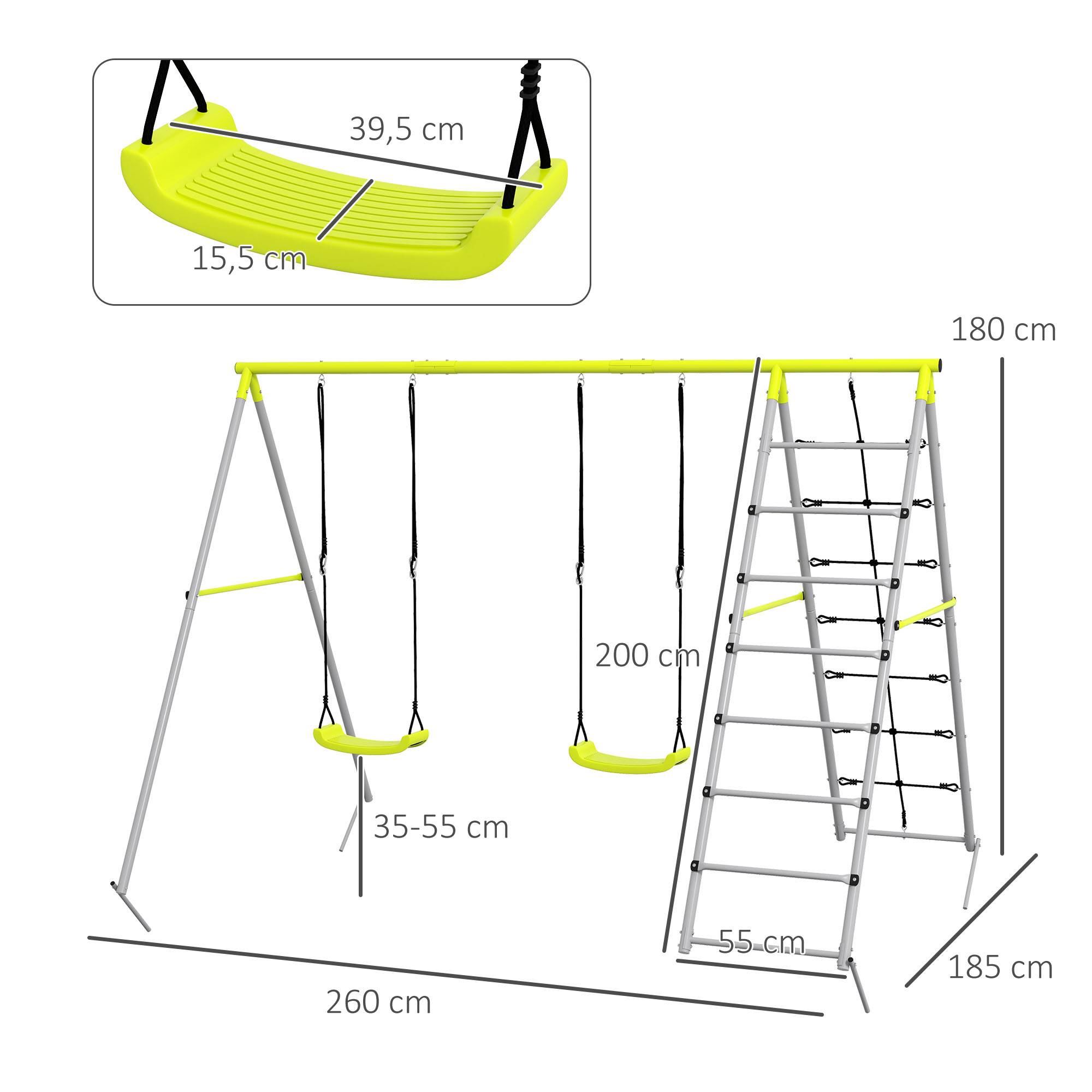 4 en 1 balançoire portique pour enfant avec 2 siège de balançoire échelle grimpeuse et filet d'escalade - Image 5