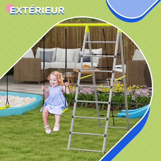 4 en 1 balançoire portique pour enfant avec 2 siège de balançoire échelle grimpeuse et filet d'escalade - Image 8