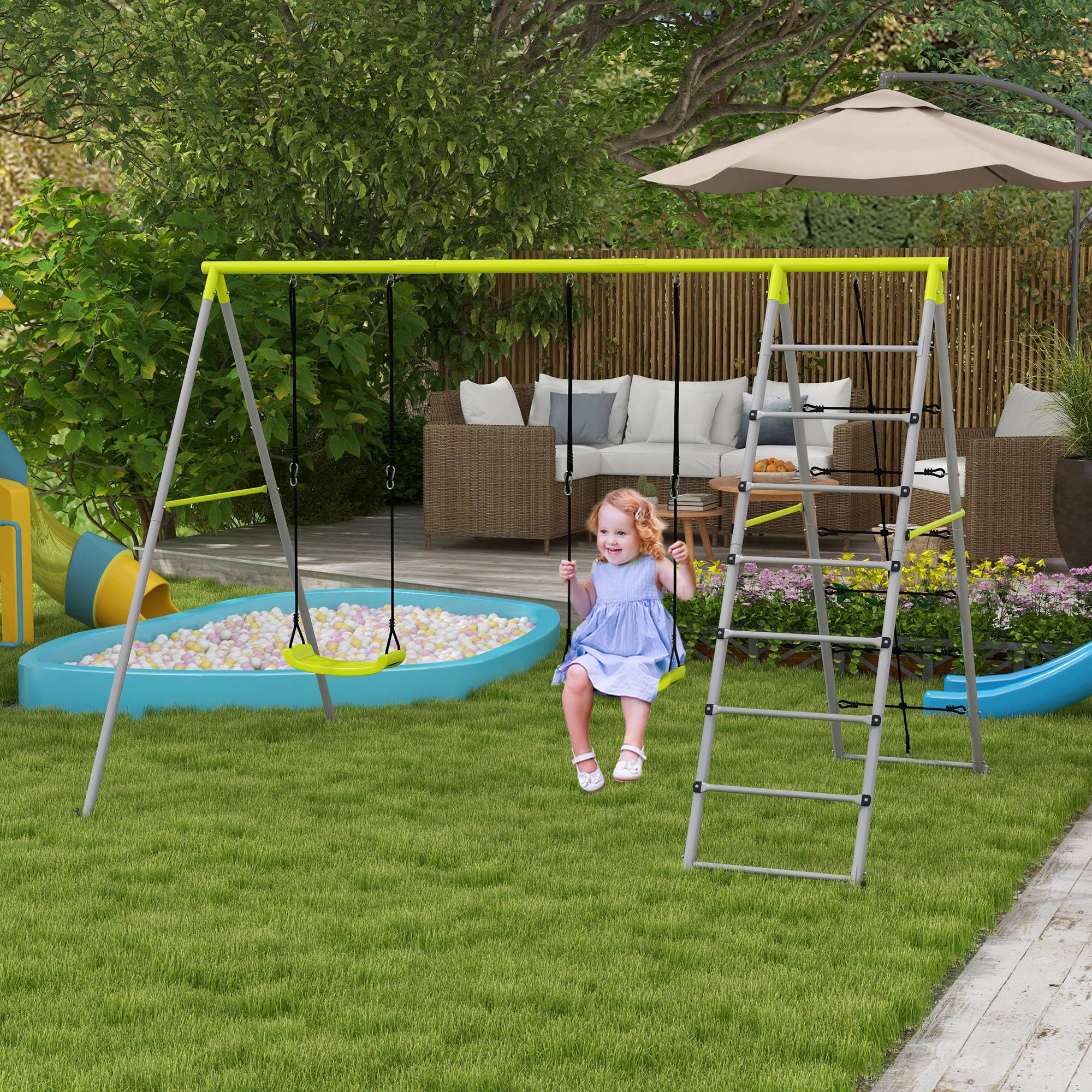 4 en 1 balançoire portique pour enfant avec 2 siège de balançoire échelle grimpeuse et filet d'escalade - Image 4