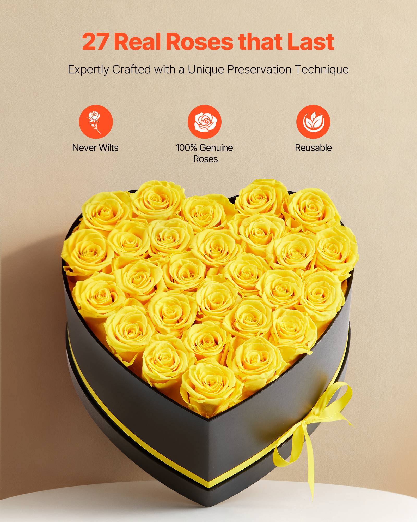 VEVOR Rose Éternelle Fleurs Éternelles Préservées Lot de 27 Boîte en Cœur Jaune - Image 2