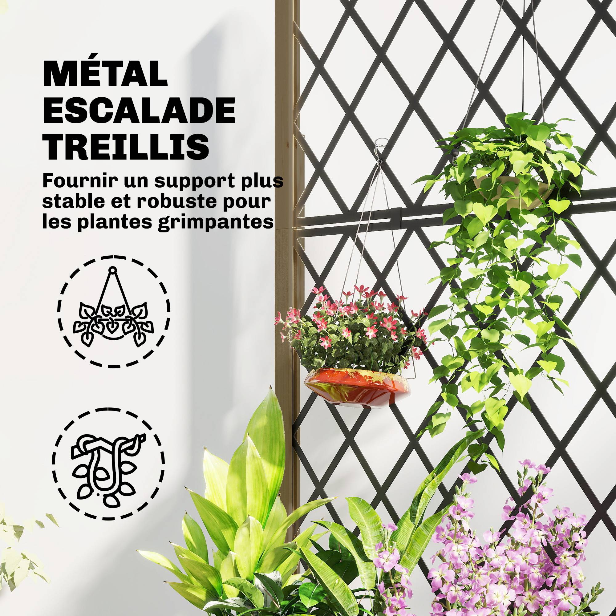 Jardinière avec treillis en acier, bac à fleurs sur roues verrouillables en bois, 72 x 36 x 168 cm, Finition Carbonisée - Image 6