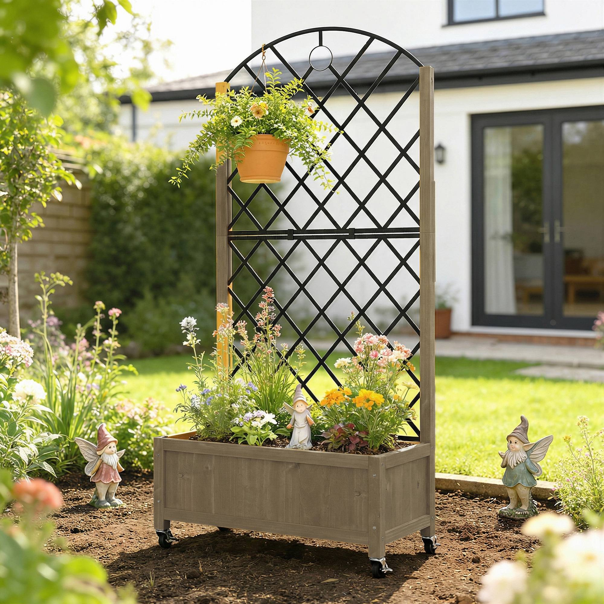 Jardinière avec treillis en acier, bac à fleurs sur roues verrouillables en bois, 72 x 36 x 168 cm, Finition Carbonisée - Image 10