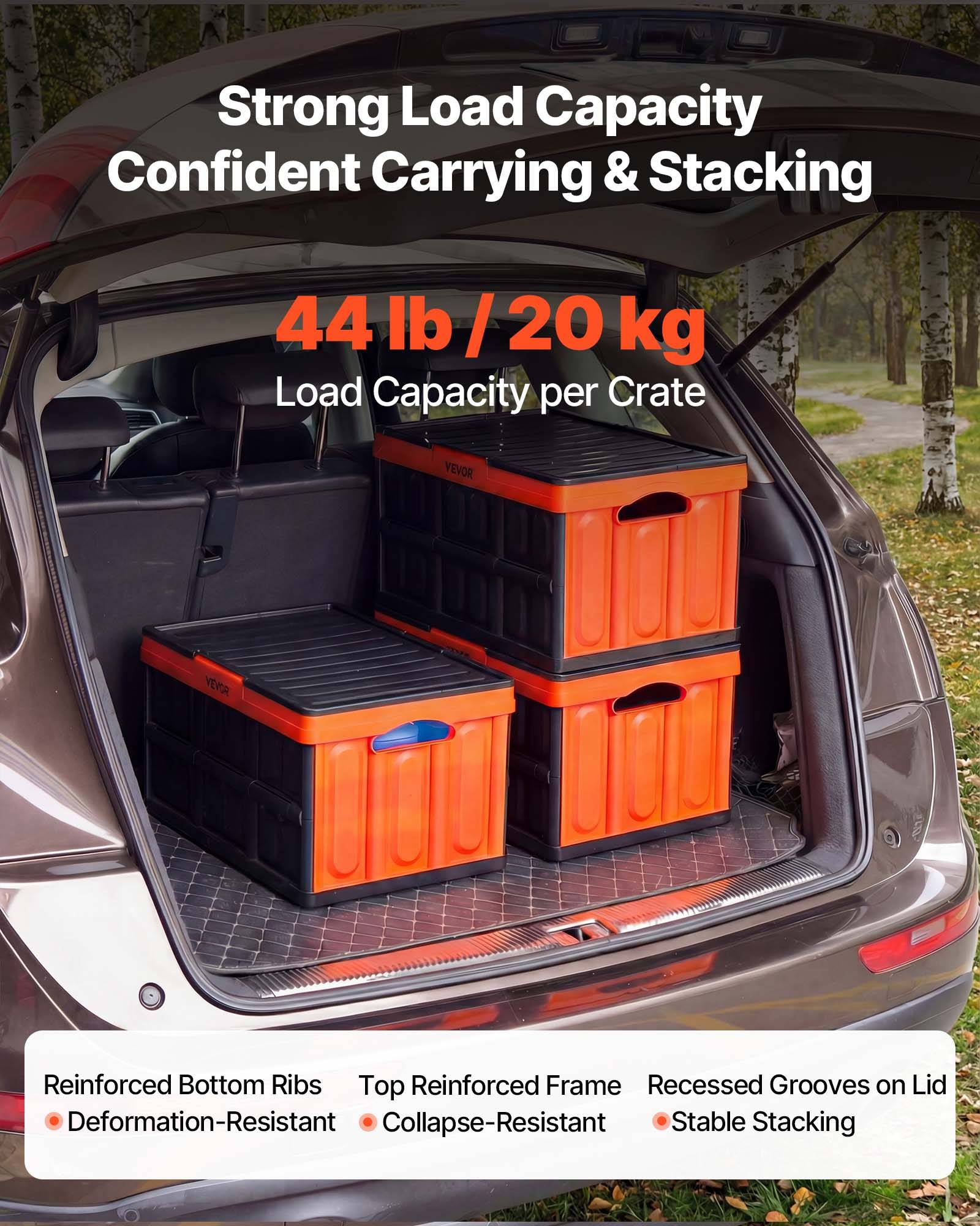 Vevor - VEVOR Caisse plastique pliable 45 L, lot de 3 avec couvercle, empilable, charge 20 kg par caisse, poignées ergonomiques, noir et orange. - Image 3