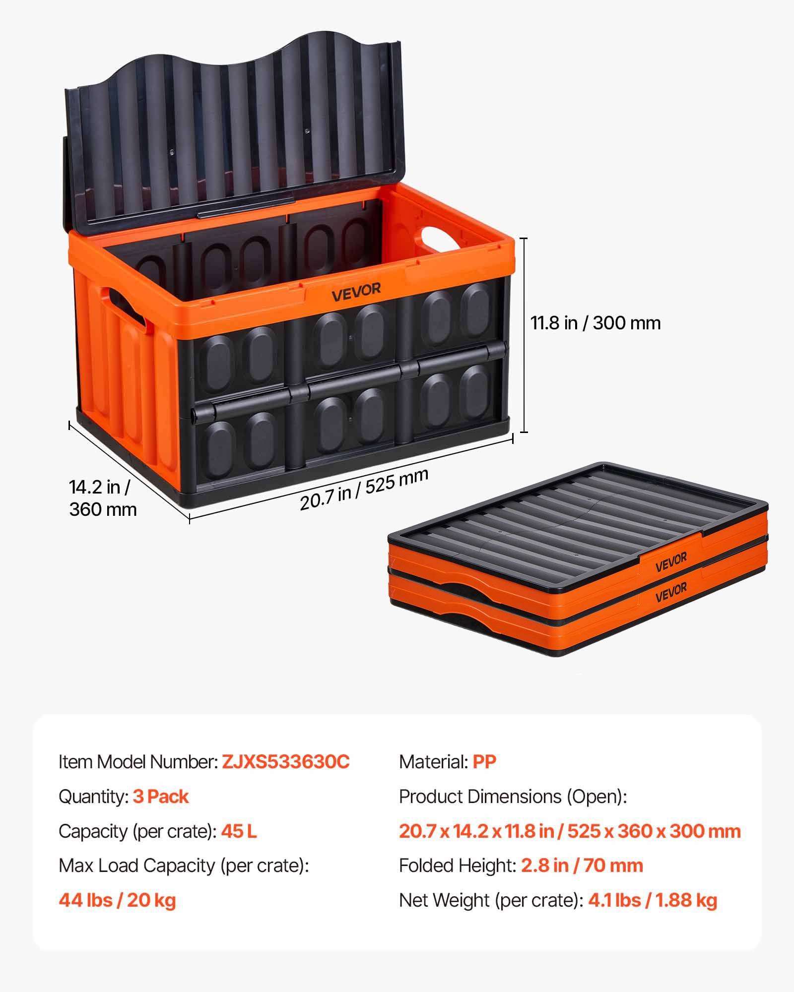 Vevor - VEVOR Caisse plastique pliable 45 L, lot de 3 avec couvercle, empilable, charge 20 kg par caisse, poignées ergonomiques, noir et orange. - Image 6