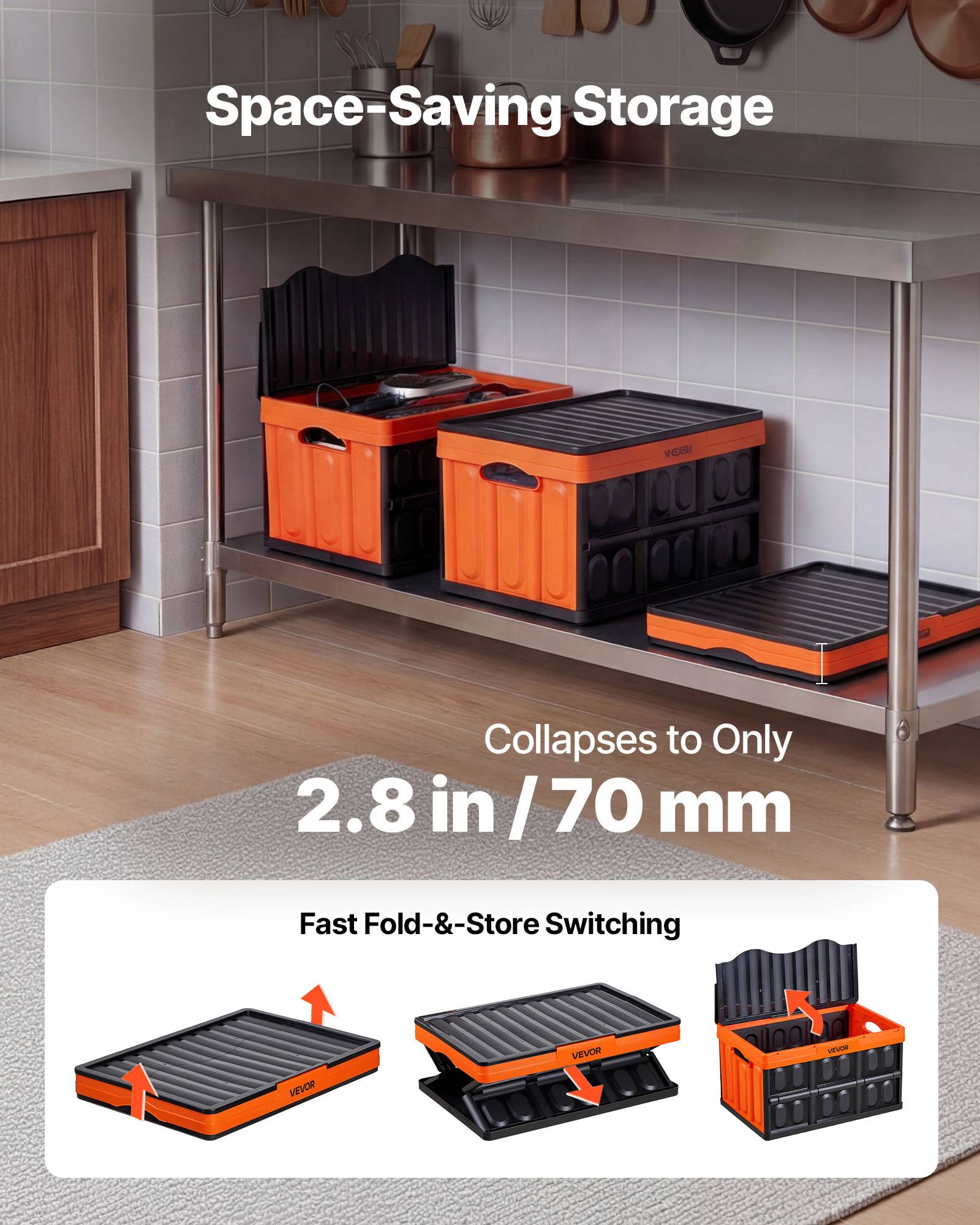 Vevor - VEVOR Caisse plastique pliable 45 L, lot de 3 avec couvercle, empilable, charge 20 kg par caisse, poignées ergonomiques, noir et orange. - Image 4