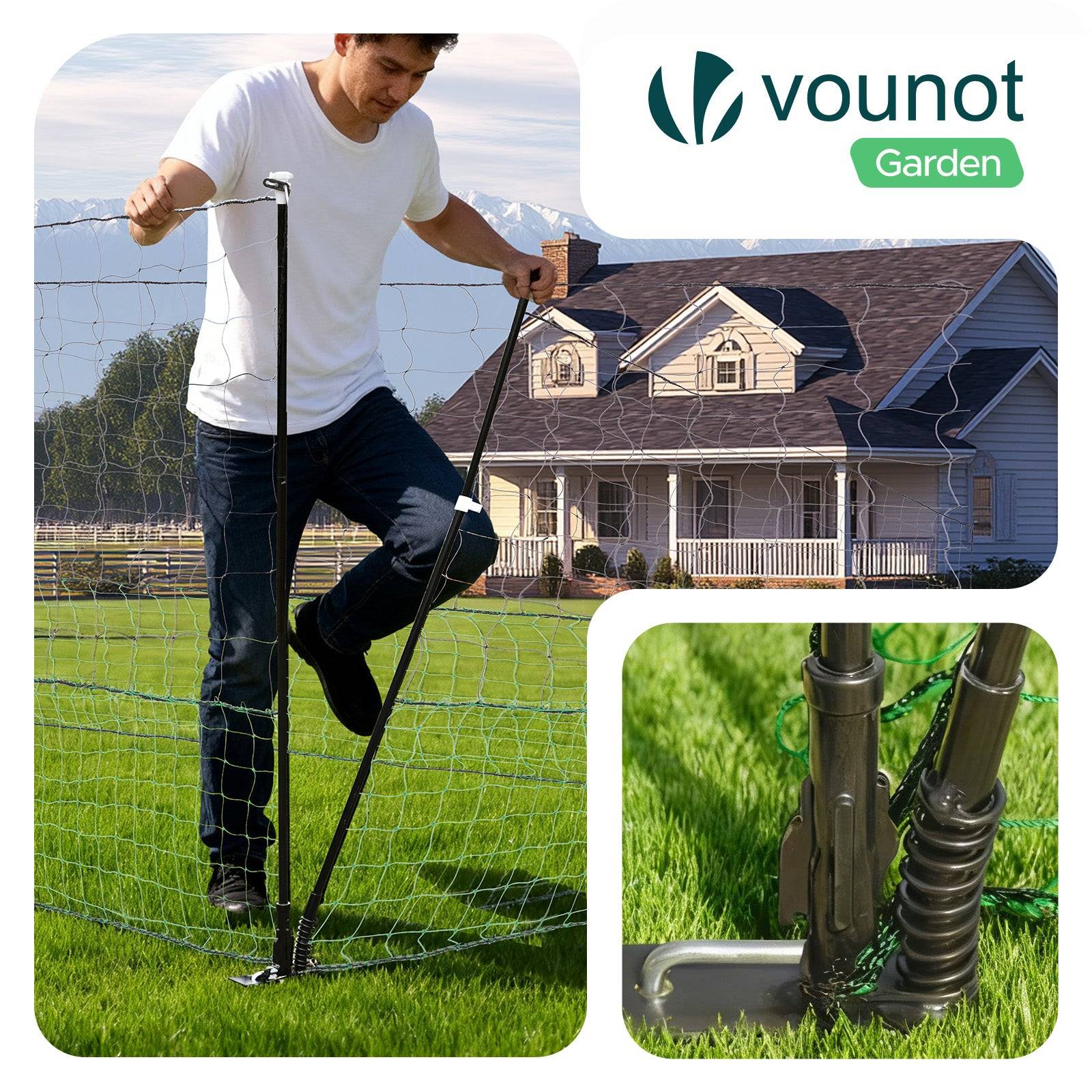 Vounot - Kit filet à poules 12m avec piquets double pointes - Clôture volaille avec porte d’accès - Enclos extérieur en PE vert - VOUNOT® - Image 6