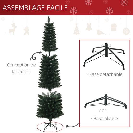 Sapin de Noël artificiel 180 cm, arbre de Noël slim avec 380 pointes de branche, support en métal pliable, vert - Image 8