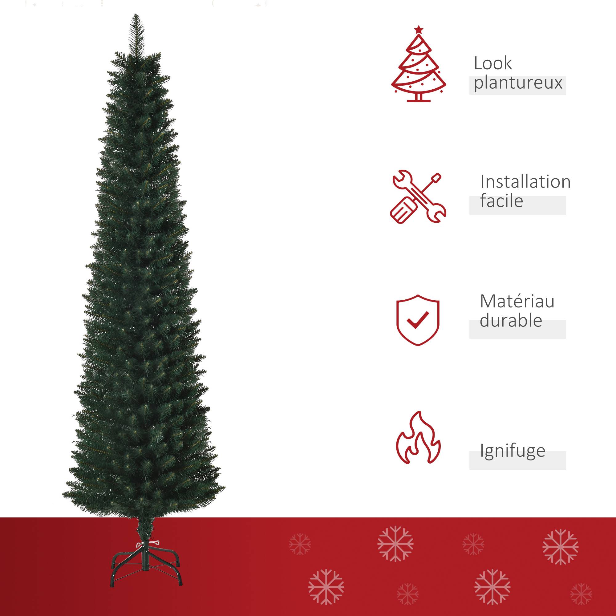 Sapin de Noël artificiel 180 cm, arbre de Noël slim avec 380 pointes de branche, support en métal pliable, vert - Image 6